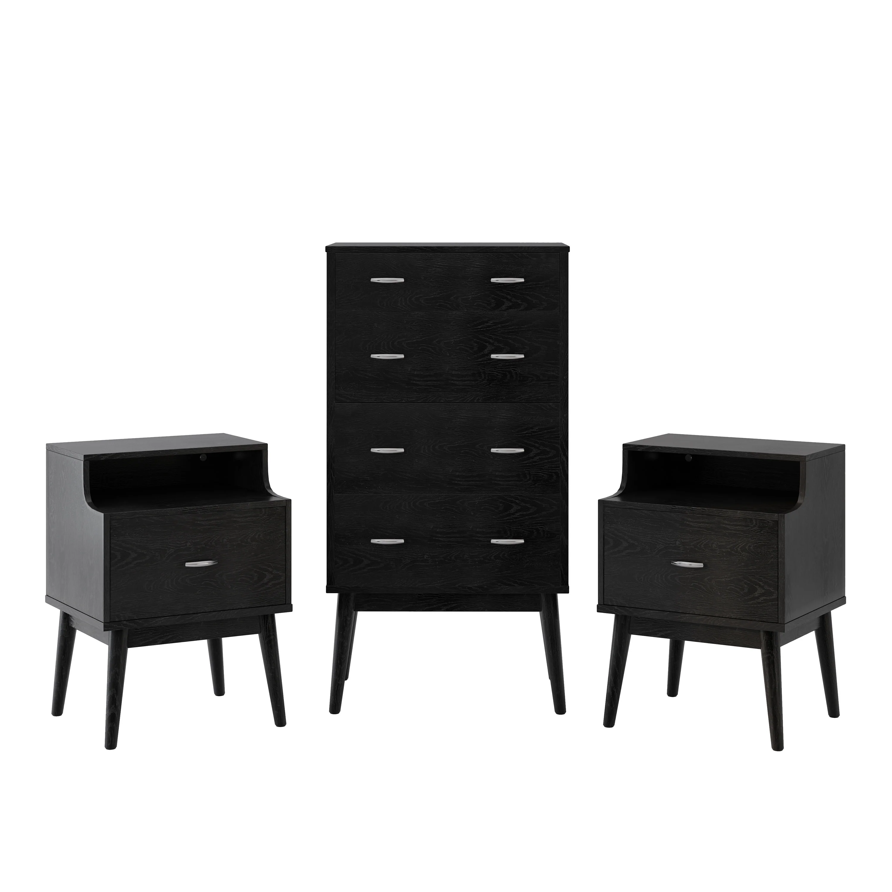 Wilbur Mid Century Wooden 3 Piece 4 Drawer Dresser and Nightstand Bedroom Set - furnishings