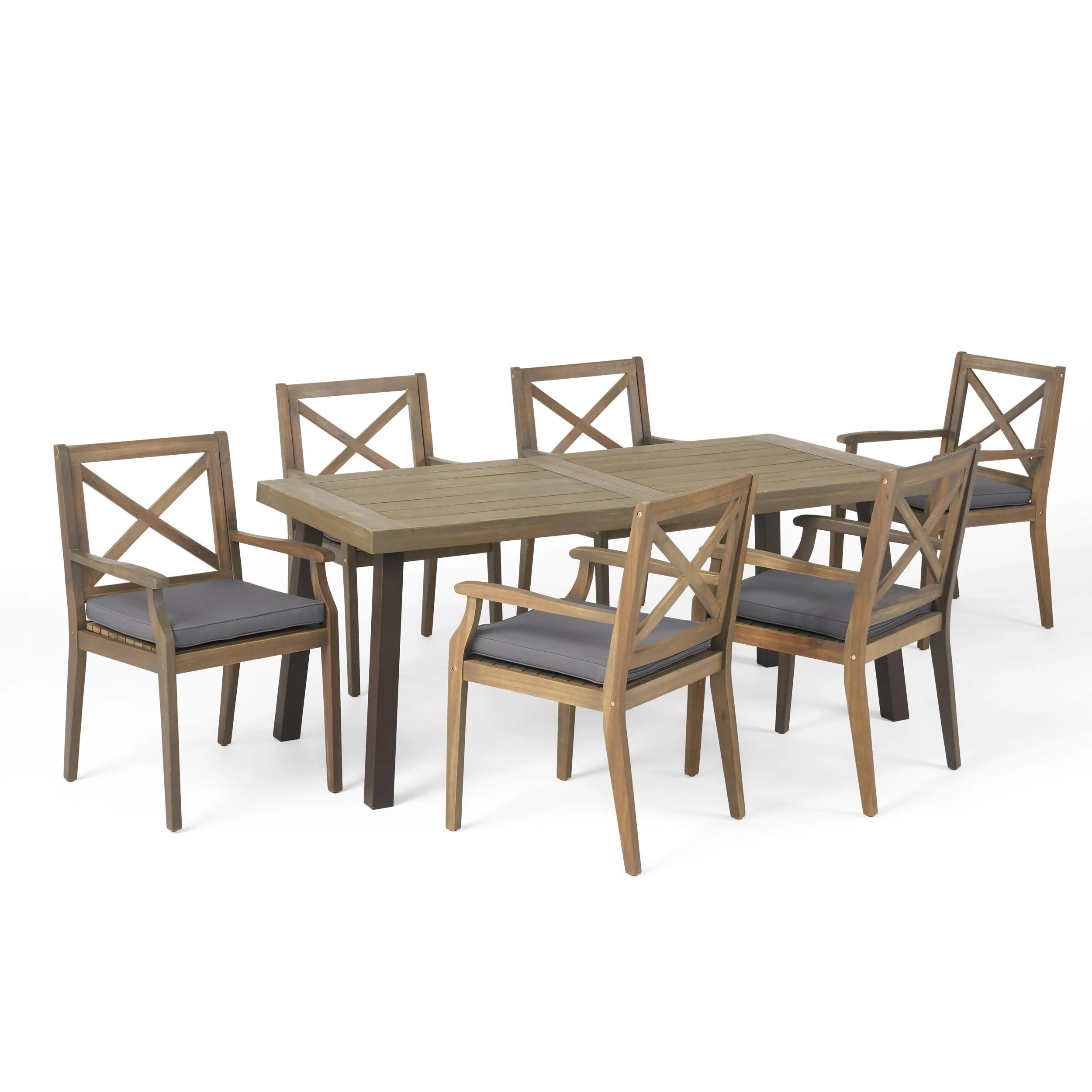 Justin Outdoor Farmhouse Slat-Top 7 Piece Acacia Wood Dining Set with Cushions - furnishings