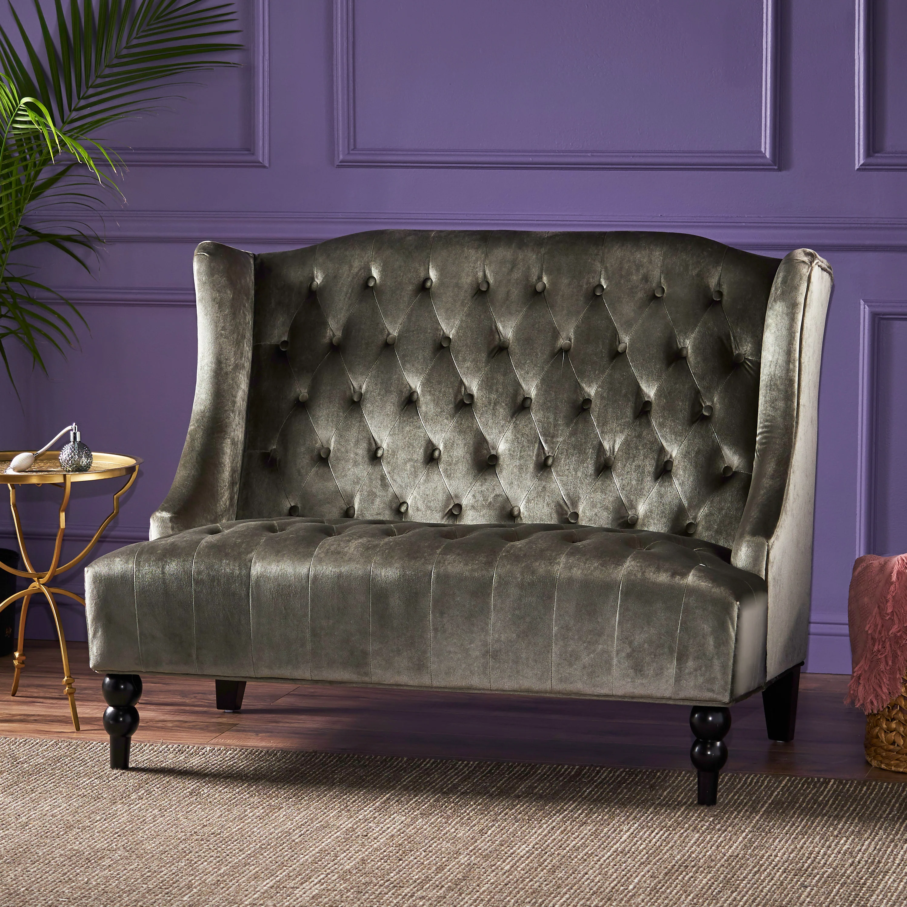 Leona French Style High Back Tufted Winged Velvet Loveseat - furnishings