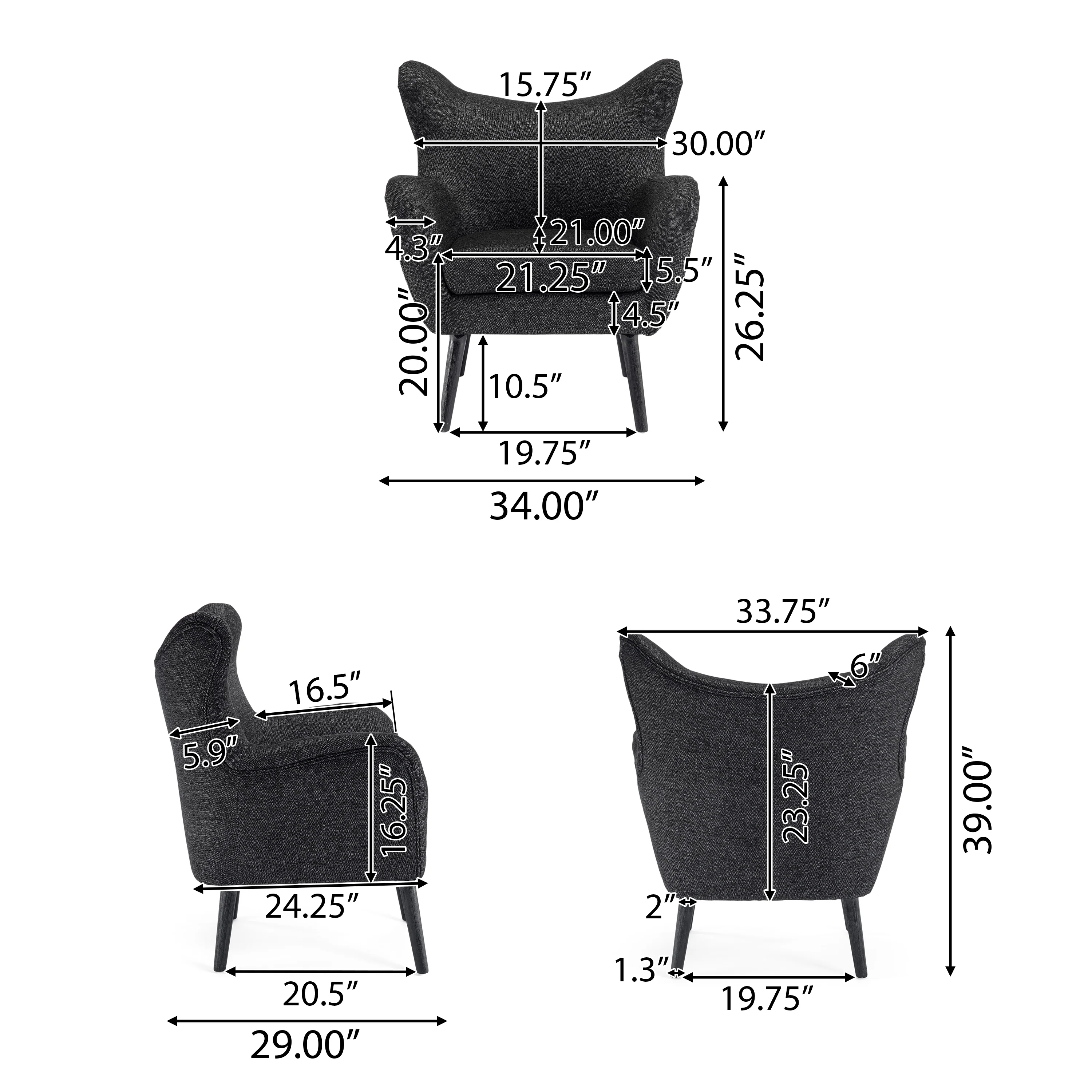 Eastdale Mid Century Modern Upholstered Wingback Club Chair, Black Textured Tweed and Black - furnishings