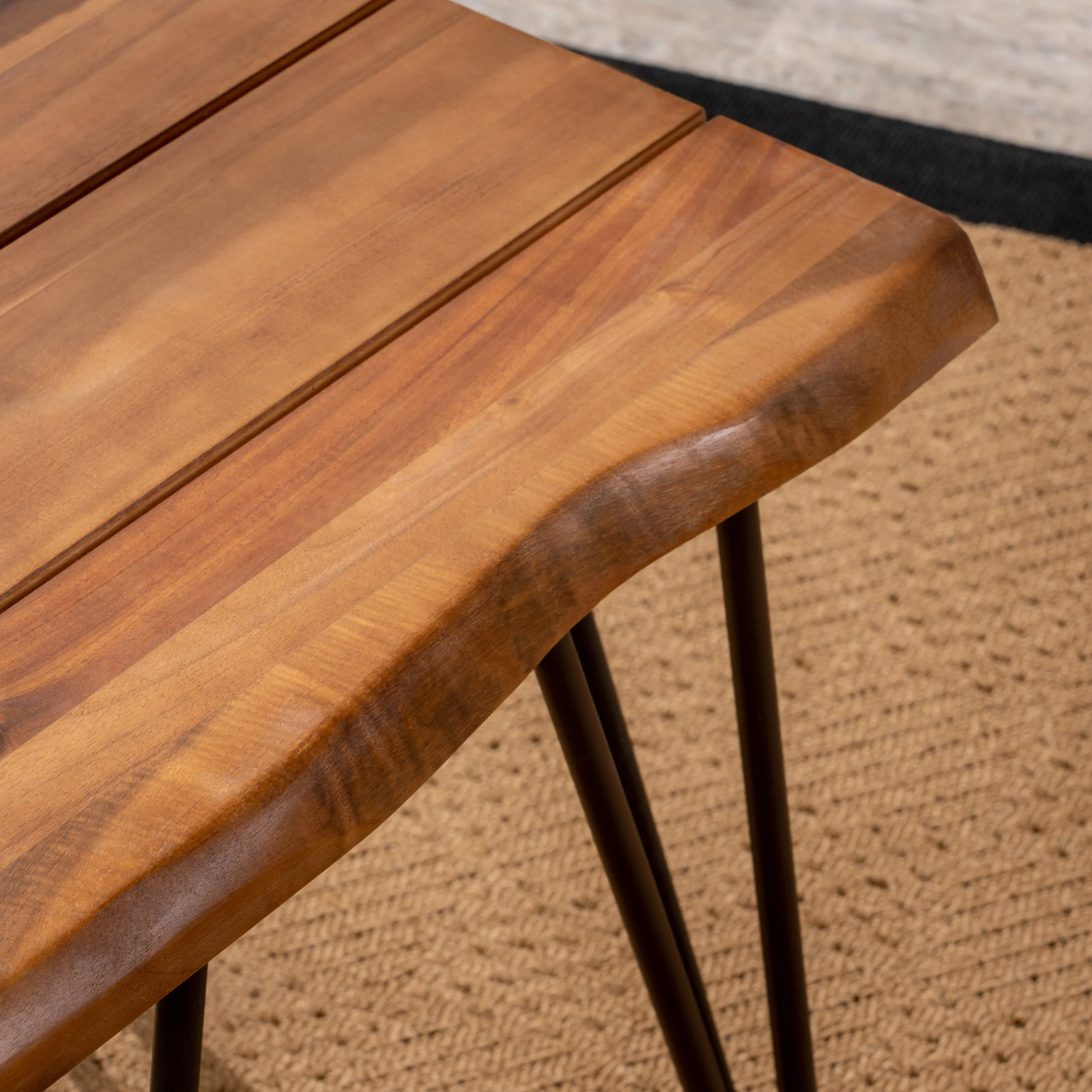 Avy Outdoor Rustic Industrial Acacia Wood Coffee Table and Accent Table Set with Metal Hairpin Legs, Teak - furnishings