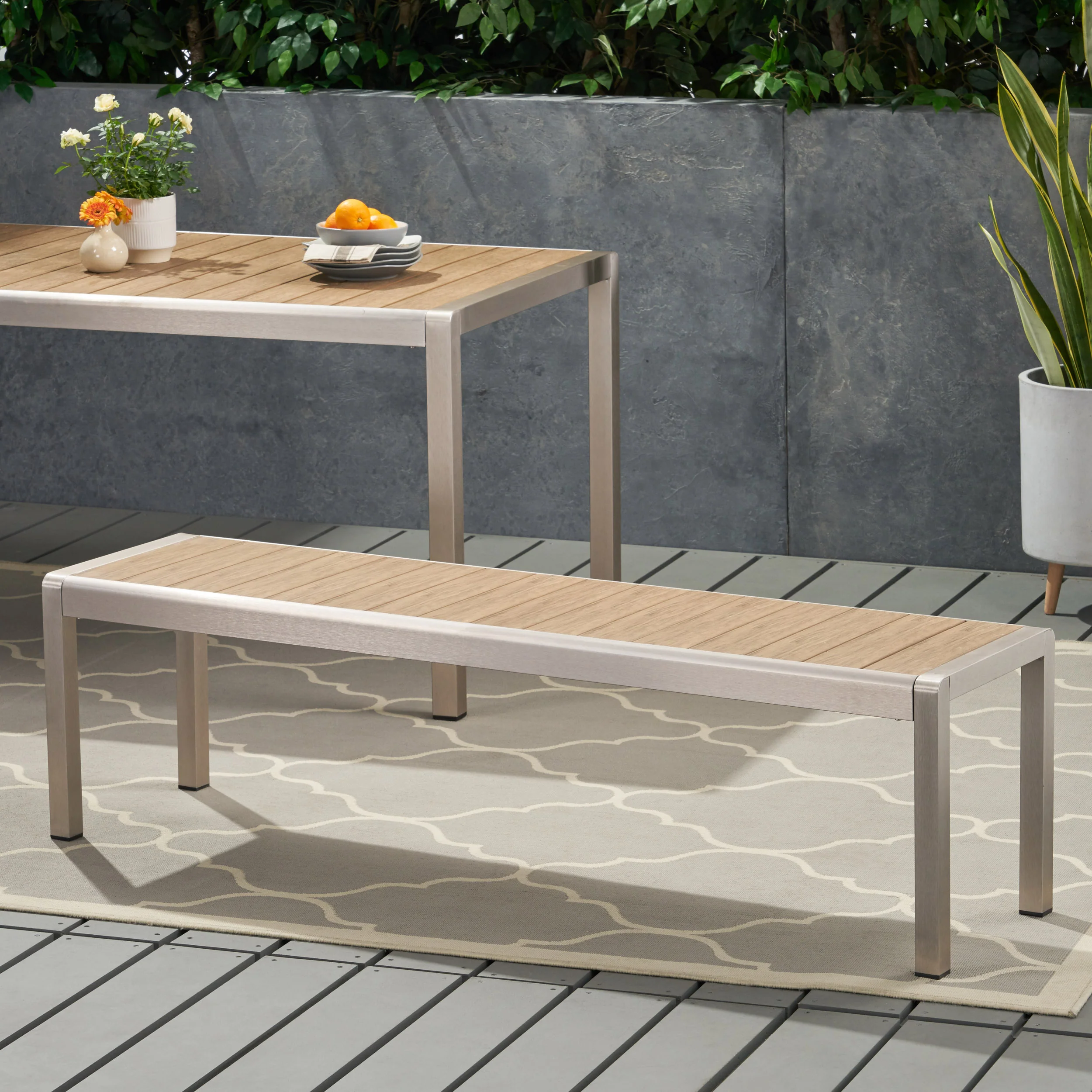 Cherie Outdoor Modern Aluminum Dining Bench with Faux Wood Seat - furnishings