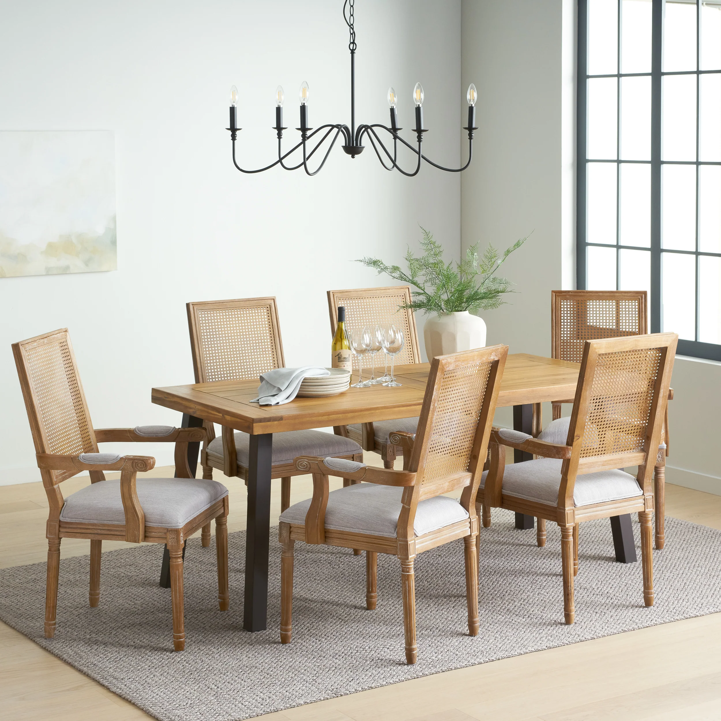 Marten Farmhouse Fabric Upholstered Wood and Cane 7 Piece Dining Set - furnishings