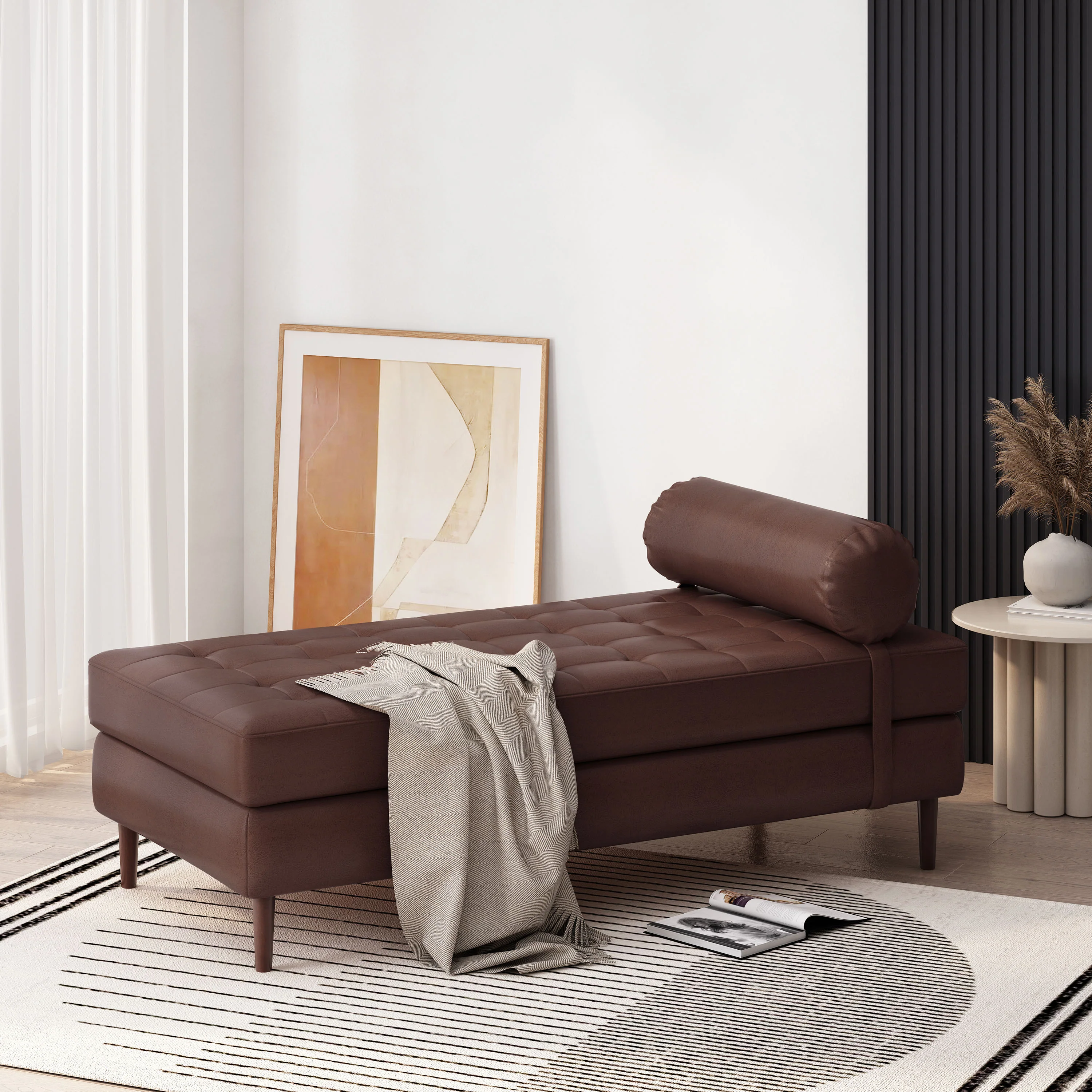 Elkjer Mid Century Modern Faux Leather Tufted Chaise Lounge with Bolster Pillow - furnishings