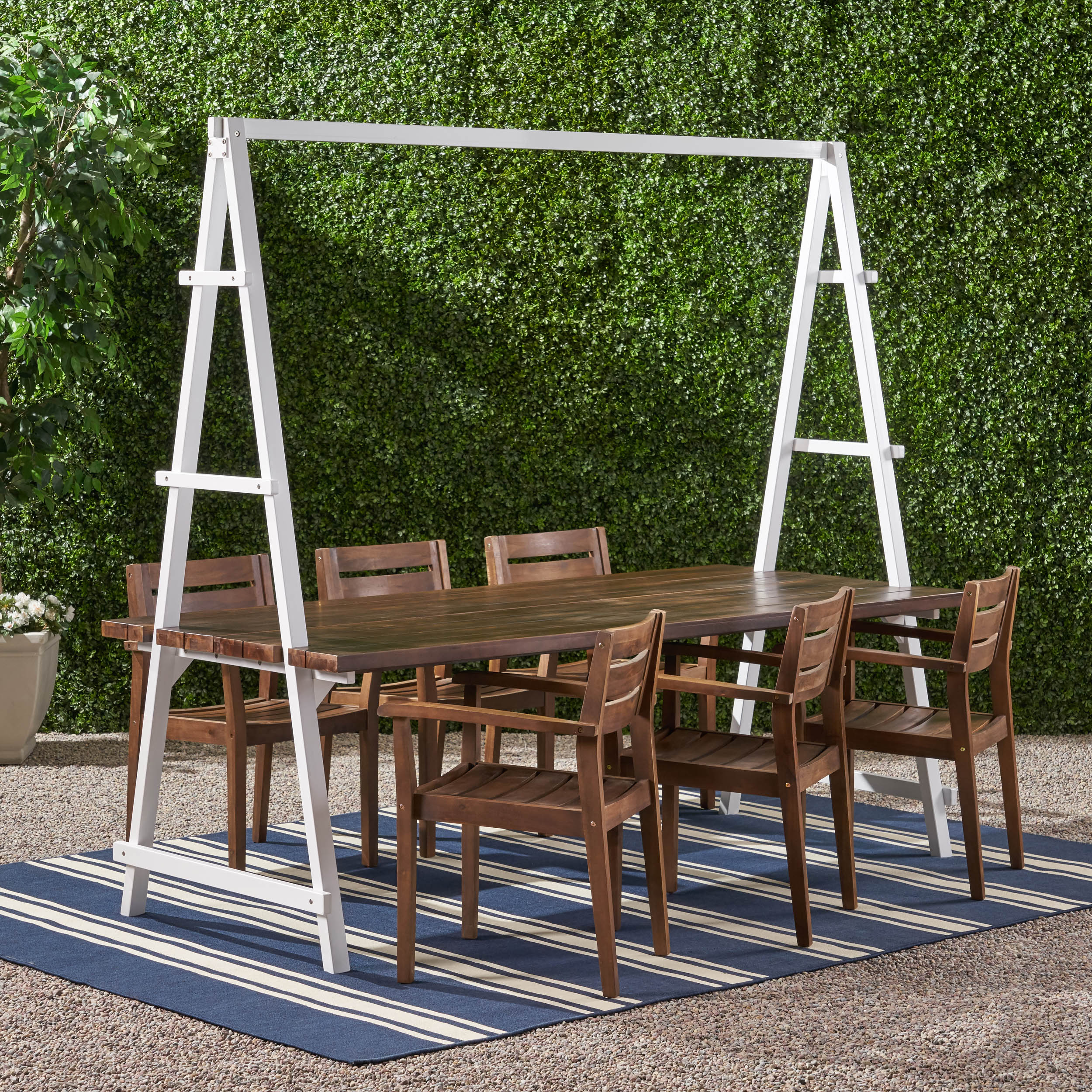 Kinley Outdoor Modern 6 Seater Acacia Wood and Iron Planter Dining Set - furnishings