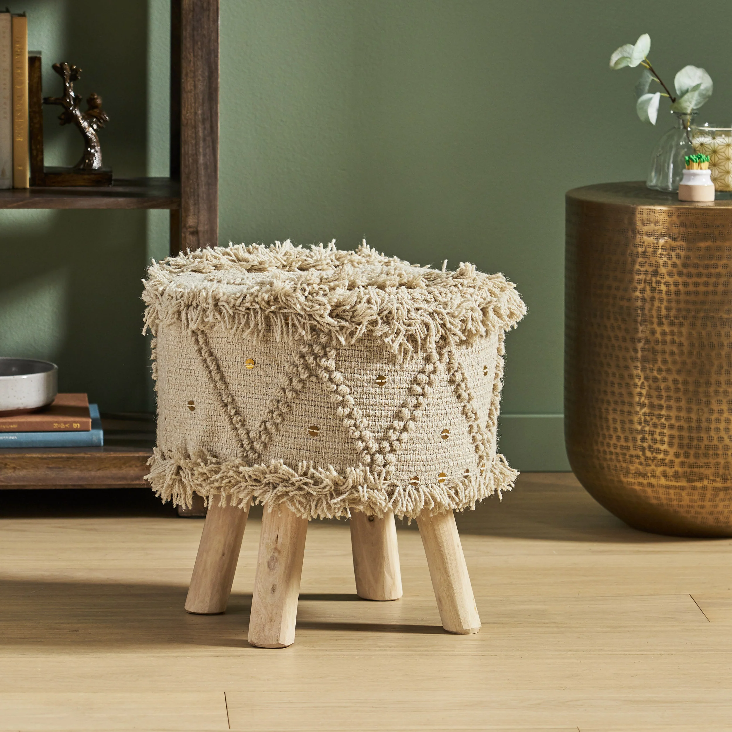 Edene Handcrafted Boho Fabric Stool with Metal Accents - furnishings