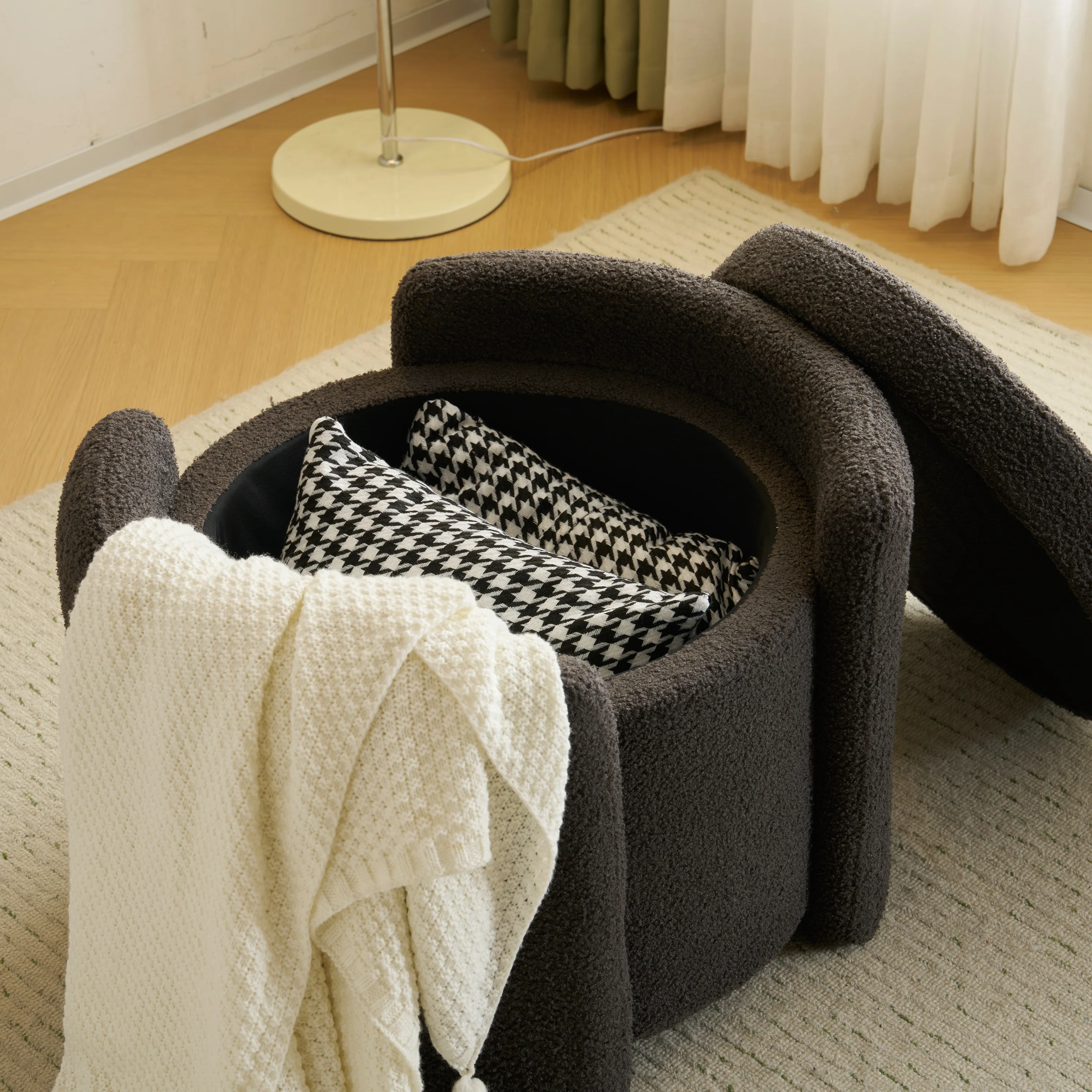 Cozy Lamb Fleece Oval Storage Ottoman Footstool Bench - furnishings