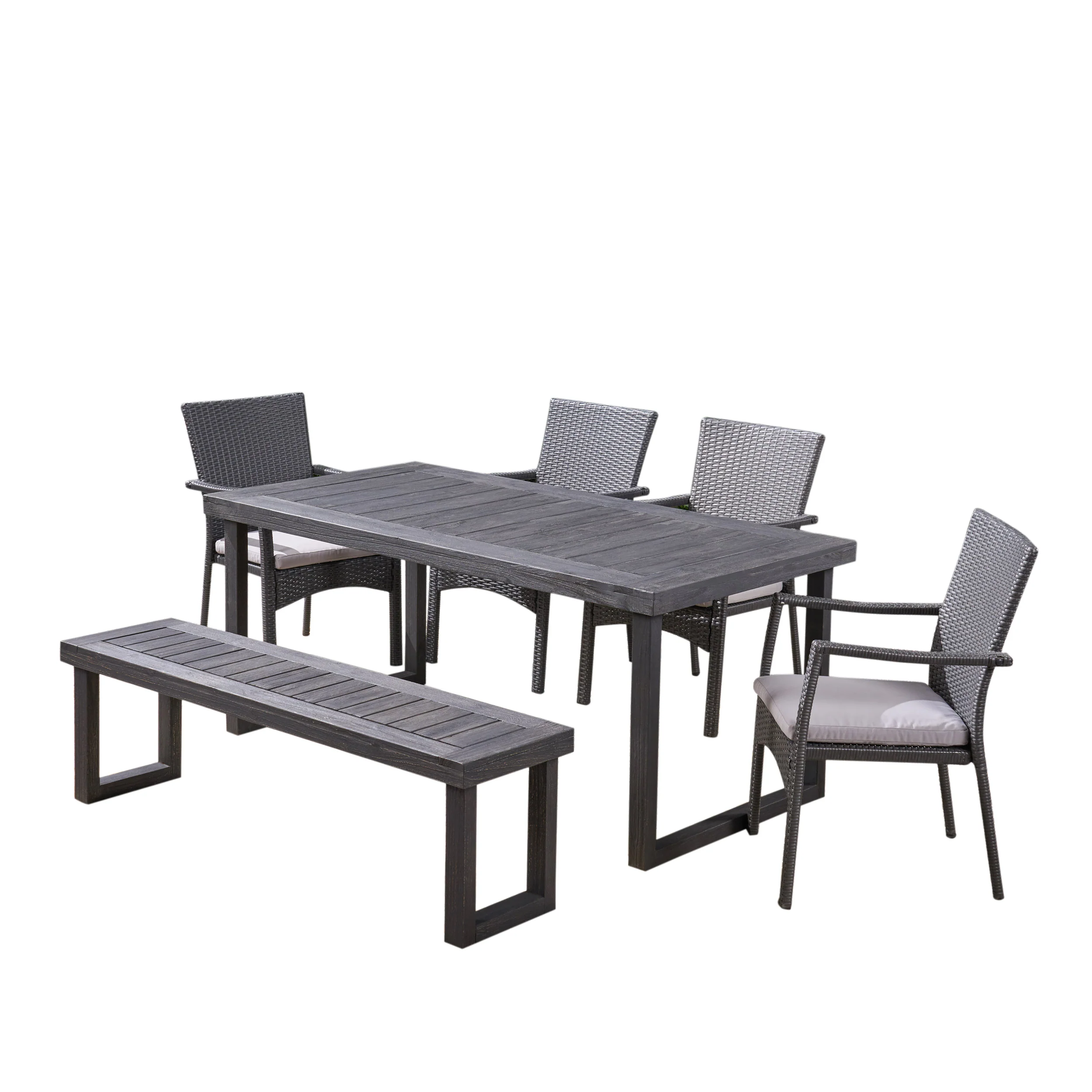 Dawn Outdoor 6-Seater Wood and Wicker Chair and Bench Dining Set - furnishings