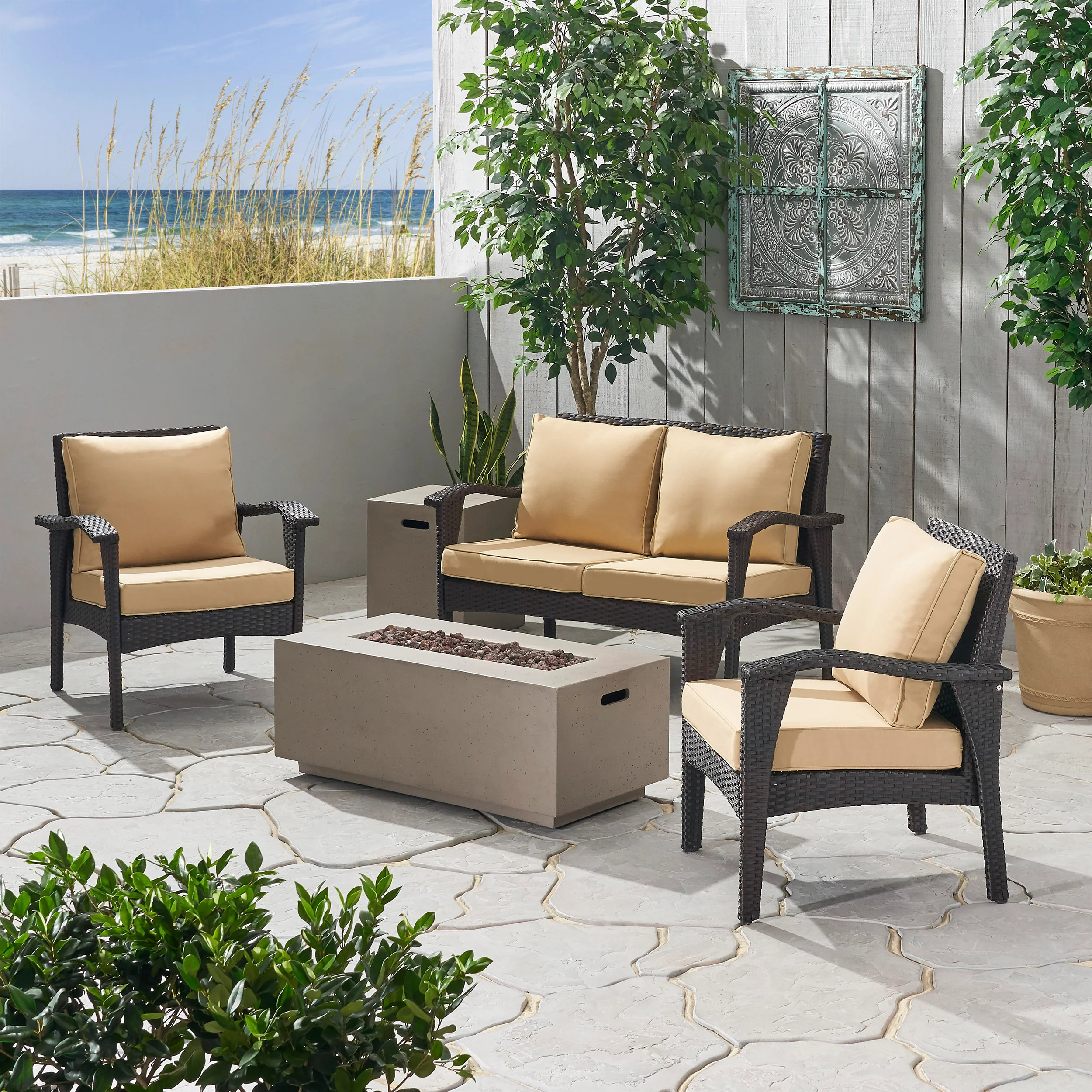 Alanny Outdoor 4 Seater Wicker Chat Set with Fire Pit - furnishings