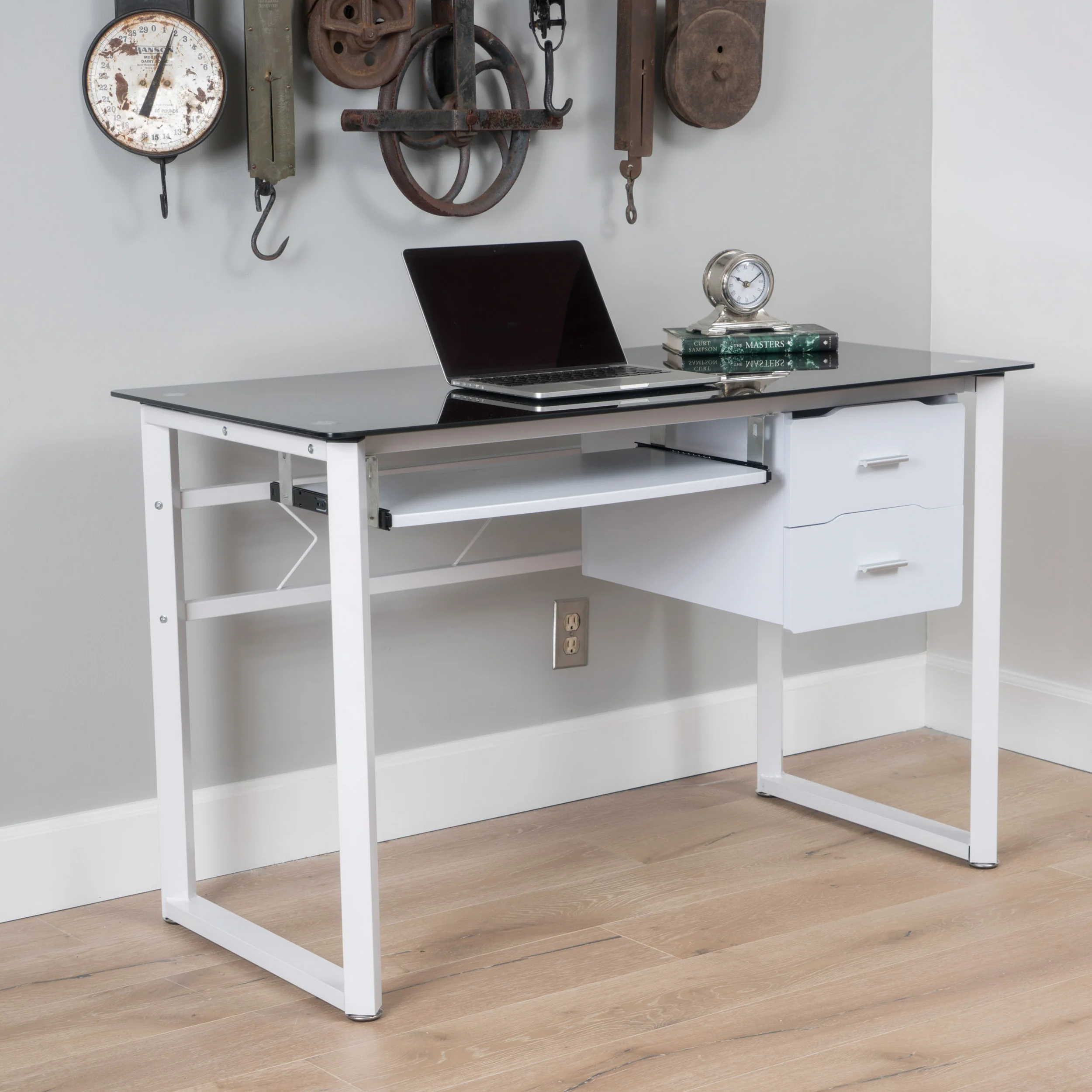 Rivendell Modern Black and White Iron Office Desk with Tempered Glass Top - furnishings