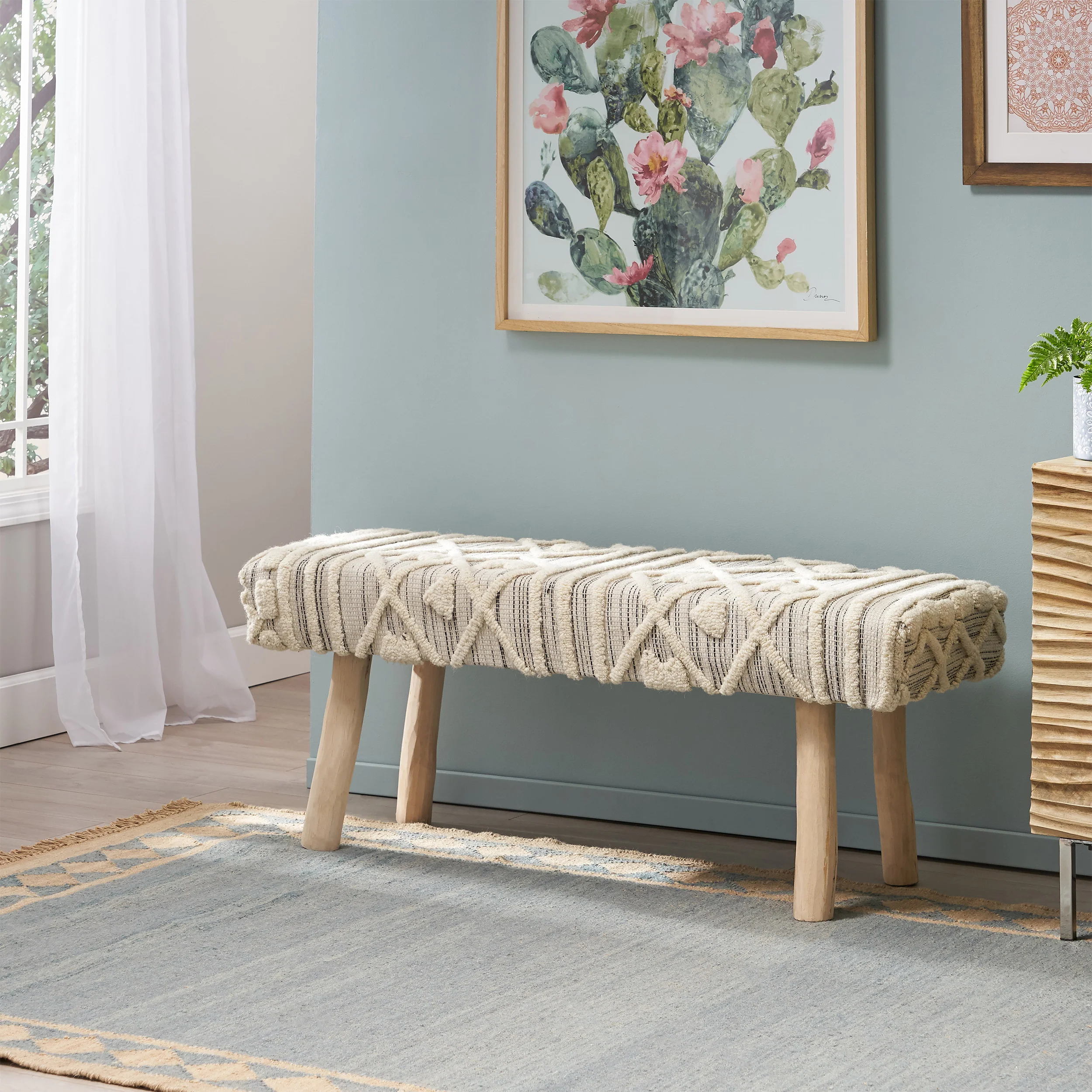 Carrera Handcrafted Boho Rectangular Wool & Fabric Bench - furnishings