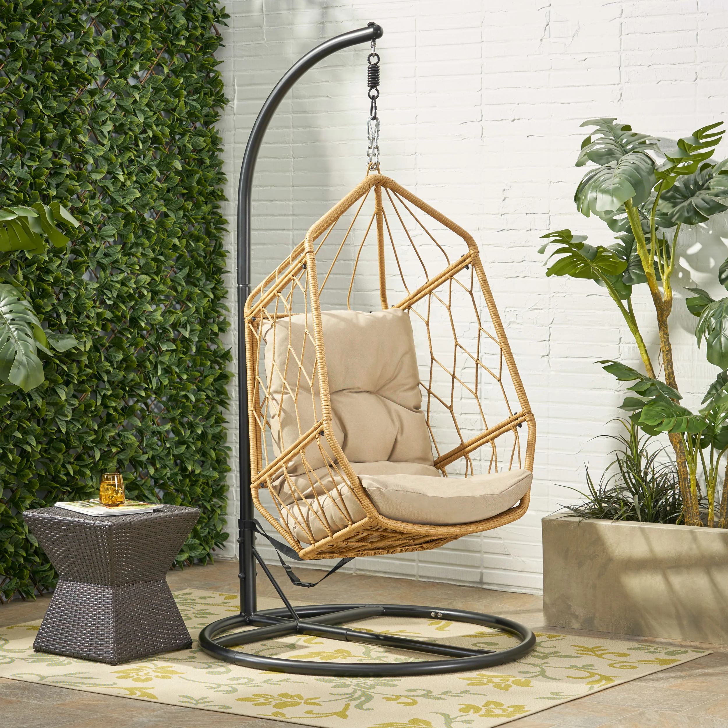 Jewell Allegra Outdoor Wicker Basket Hanging Chair with Stand - furnishings