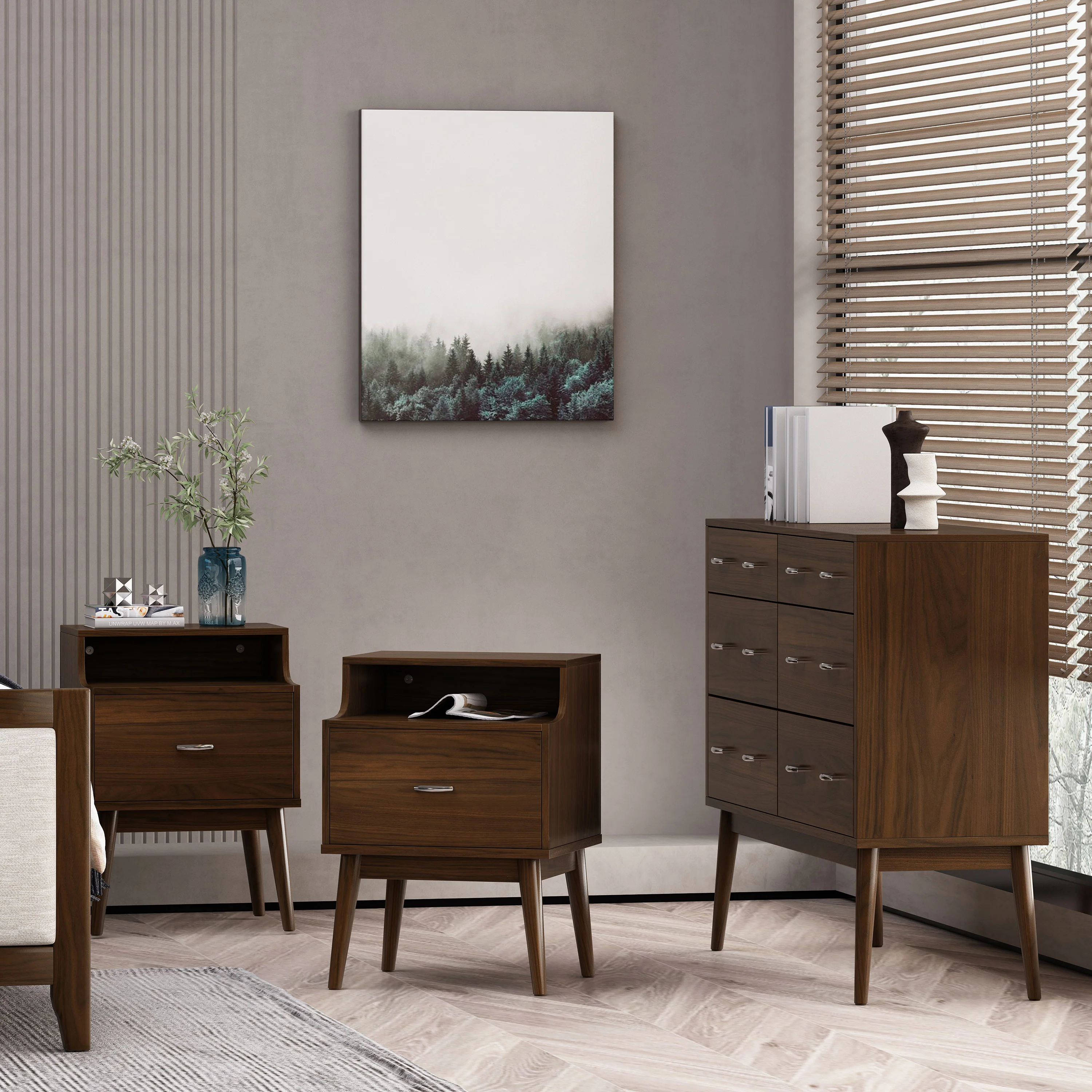 Wilbur Mid Century Wooden 3 Piece Double Dresser and Nightstand Bedroom Set - furnishings