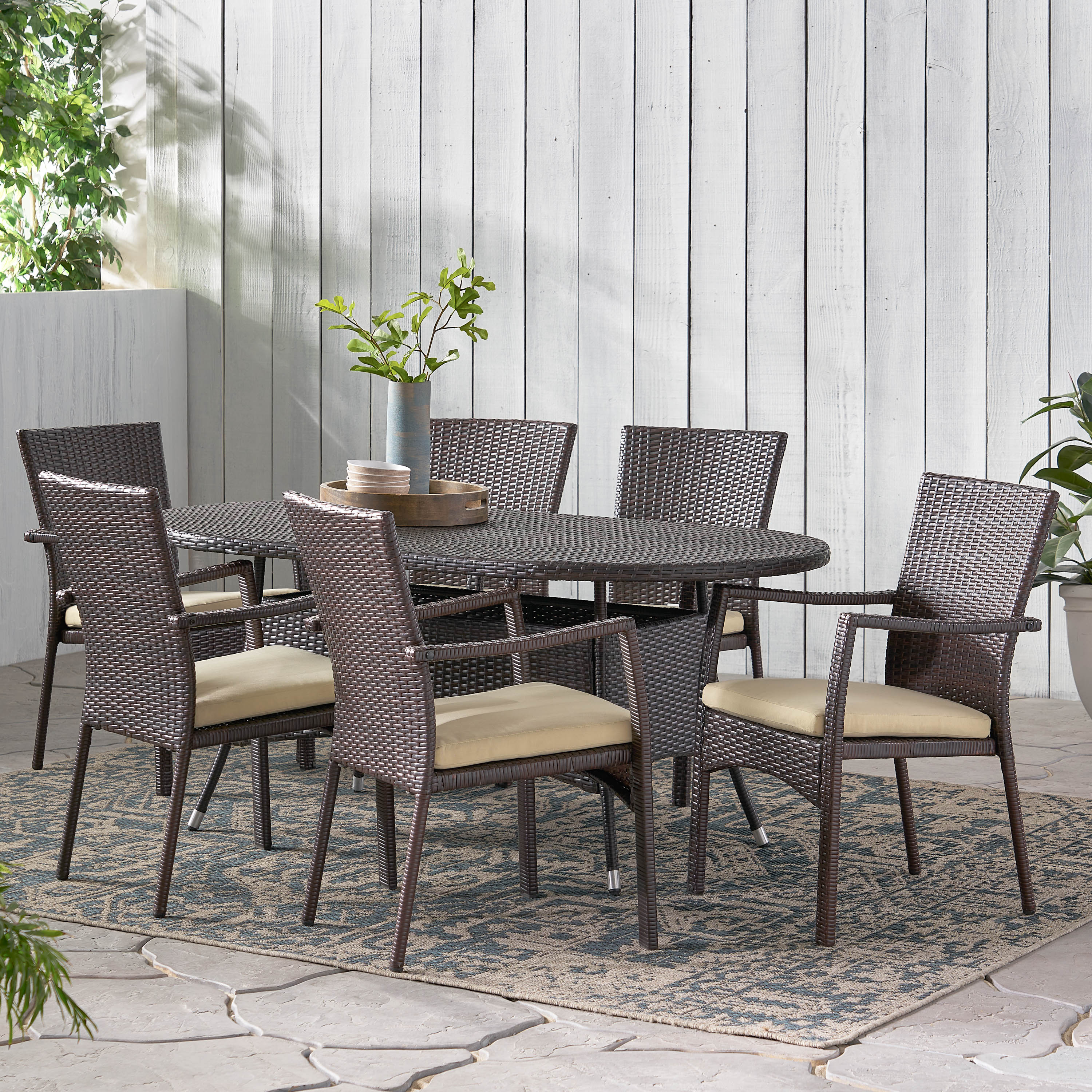 Lancaster Outdoor 7-piece Wicker Dining Set with Cushions - furnishings