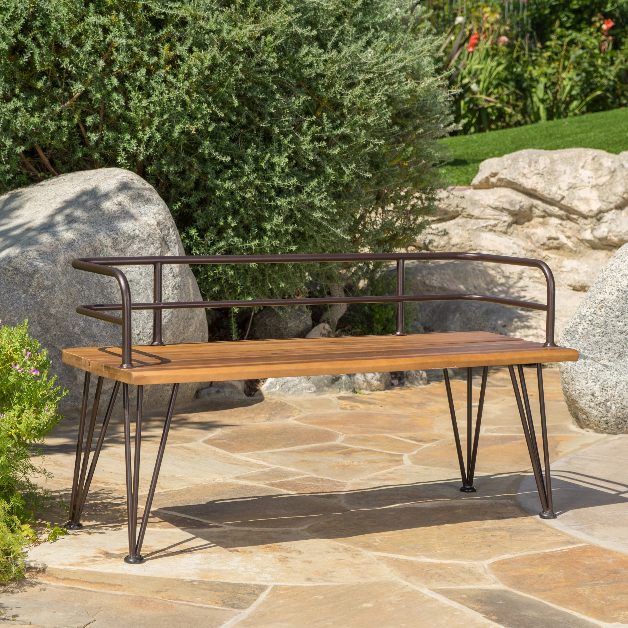 Avy Outdoor Rustic Industrial Acacia Wood Bench with Metal Hairpin Legs, Teak - furnishings