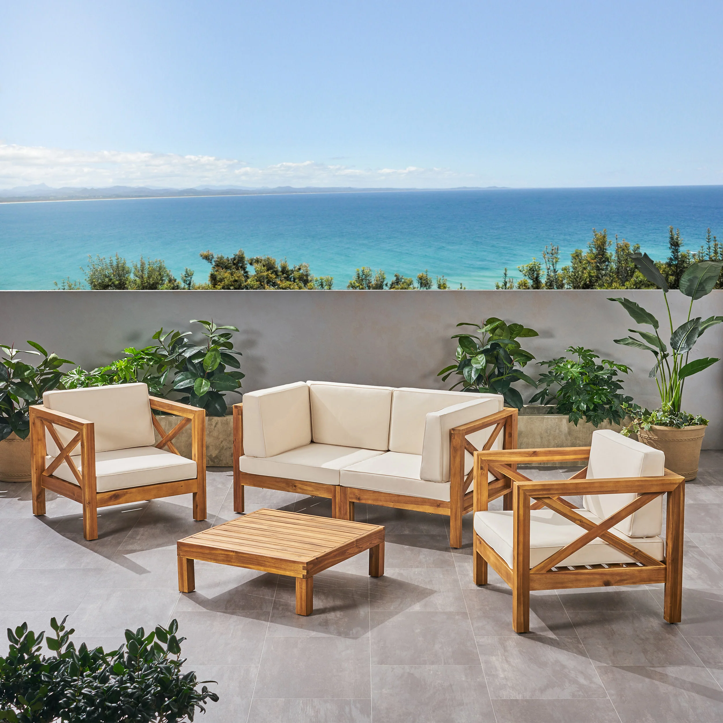 Morgan Outdoor 4 Seater Acacia Wood Loveseat Chat Set - furnishings