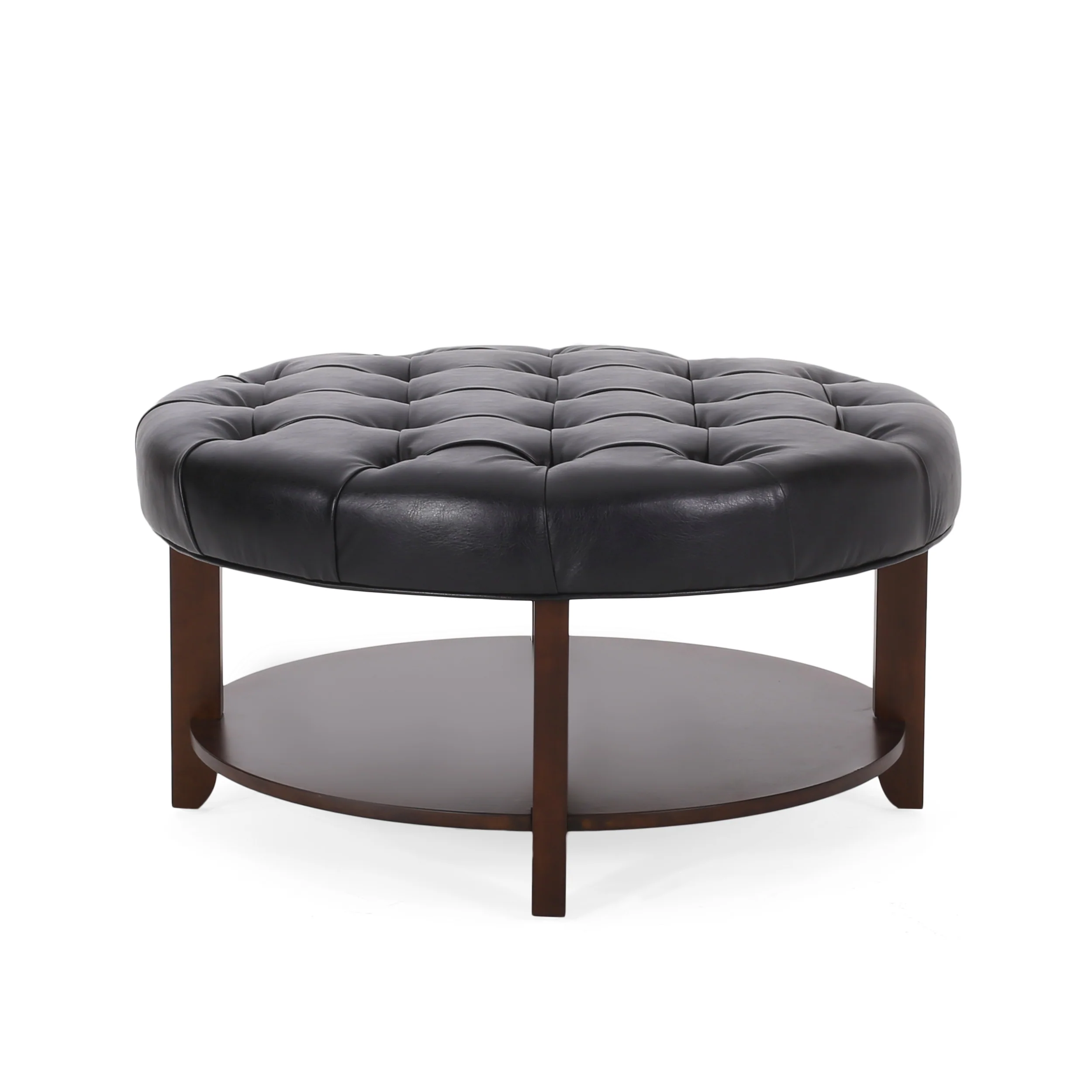 Baynes Contemporary Faux Leather Tufted Wood Round Ottoman with Open Shelf - furnishings