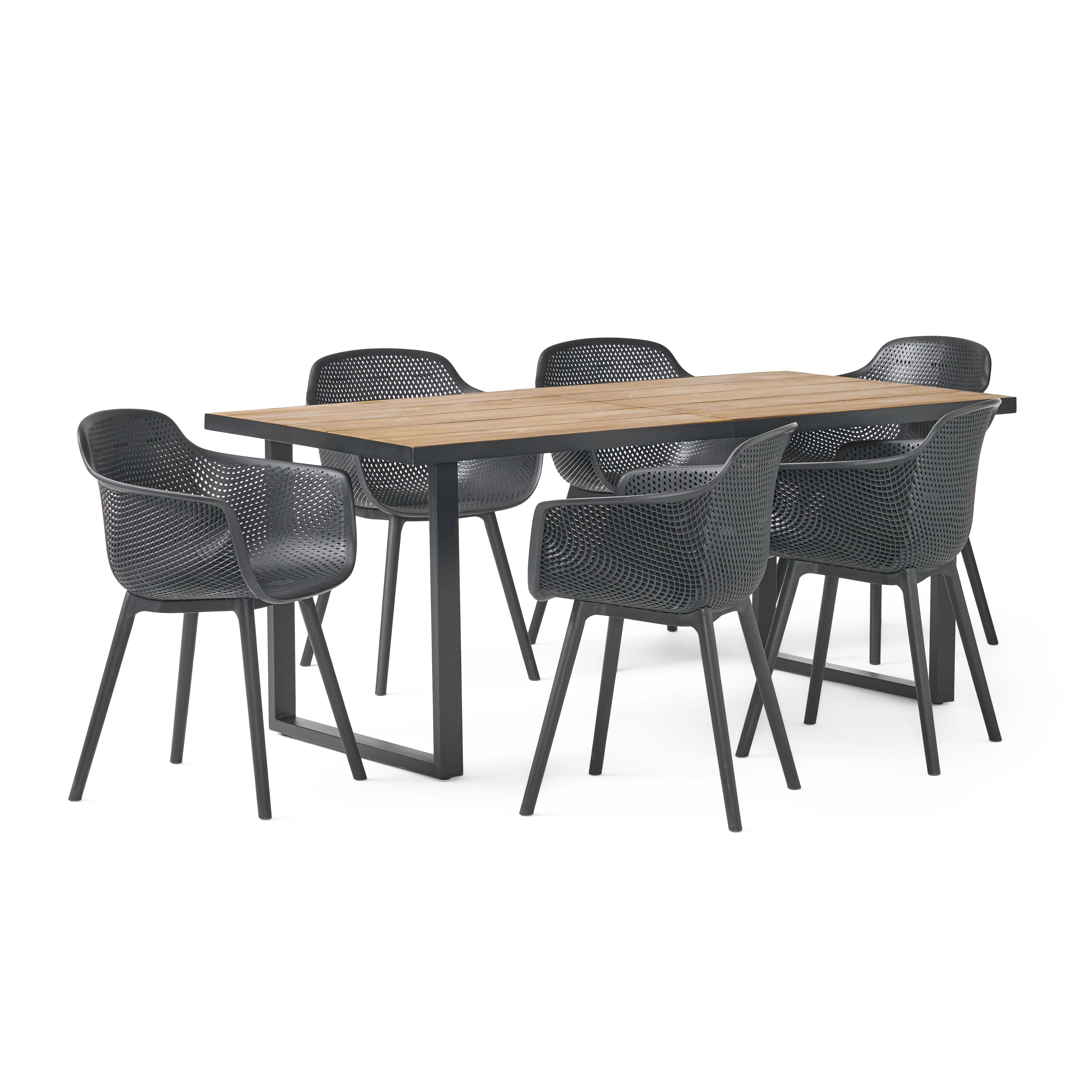 Barbados Outdoor Wood and Resin 7 Piece Dining Set, Black and Teak - furnishings