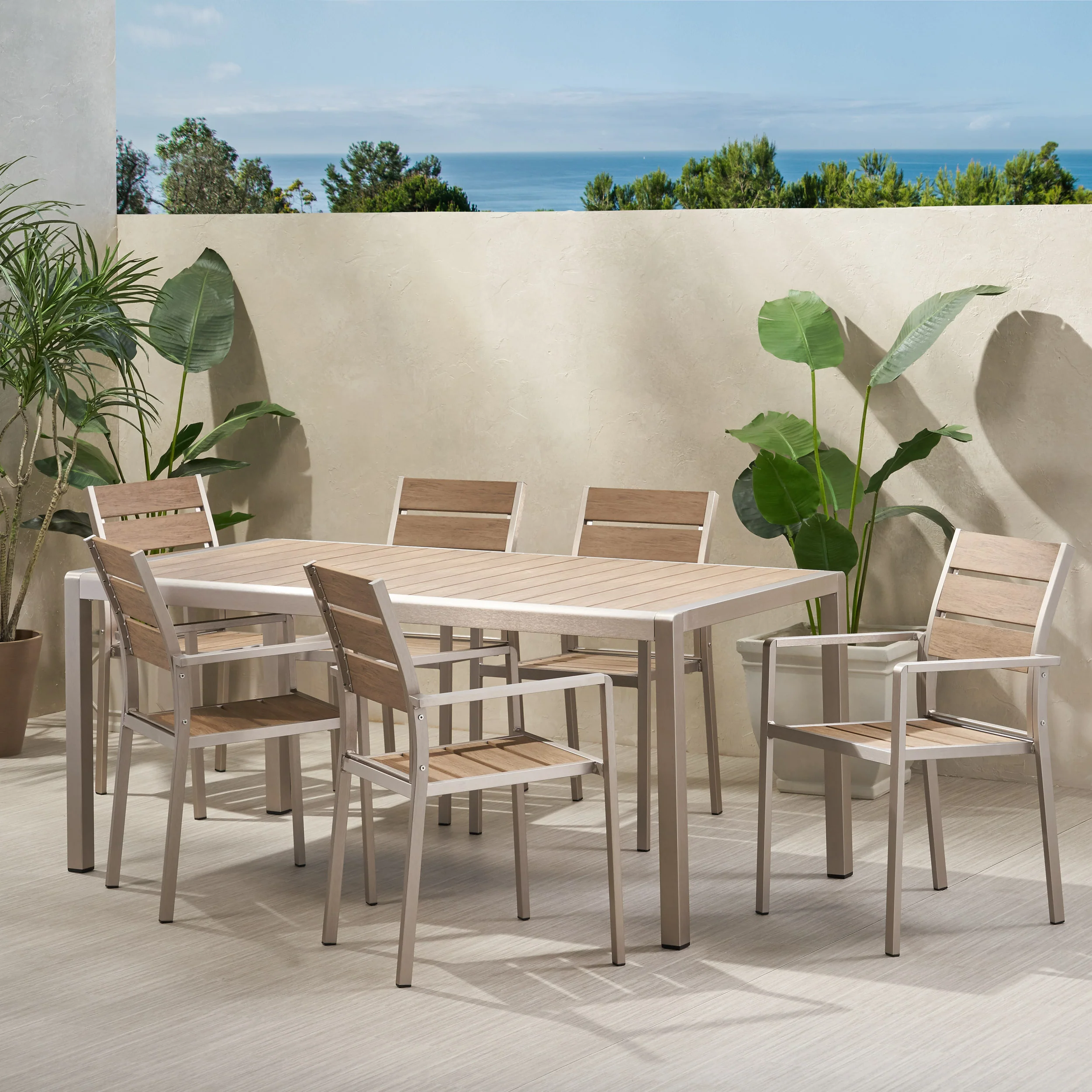 Cherie Outdoor Modern Aluminum and Faux Wood 6 Seater Dining Set - furnishings