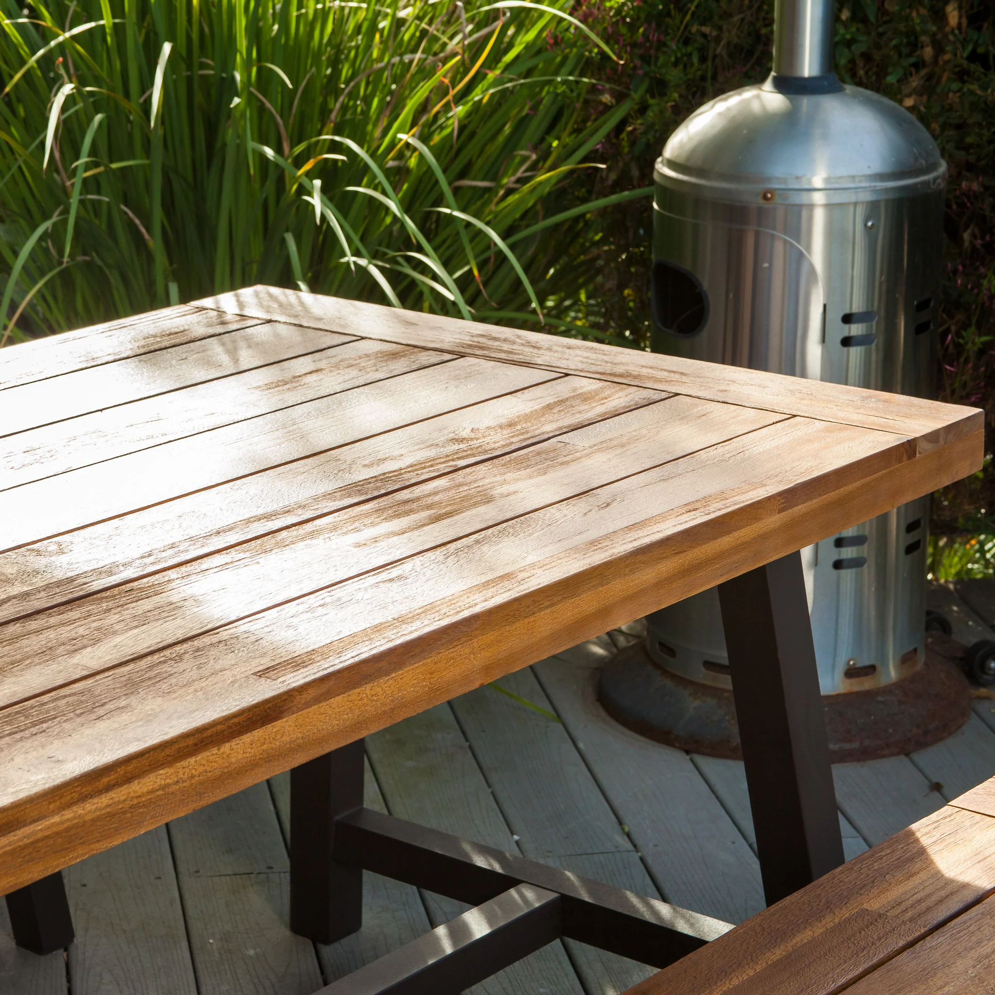 Bowman Outdoor Modern Industrial 3 Piece Acacia Wood Picnic Dining Set with Benches, Sandblasted Teak - furnishings