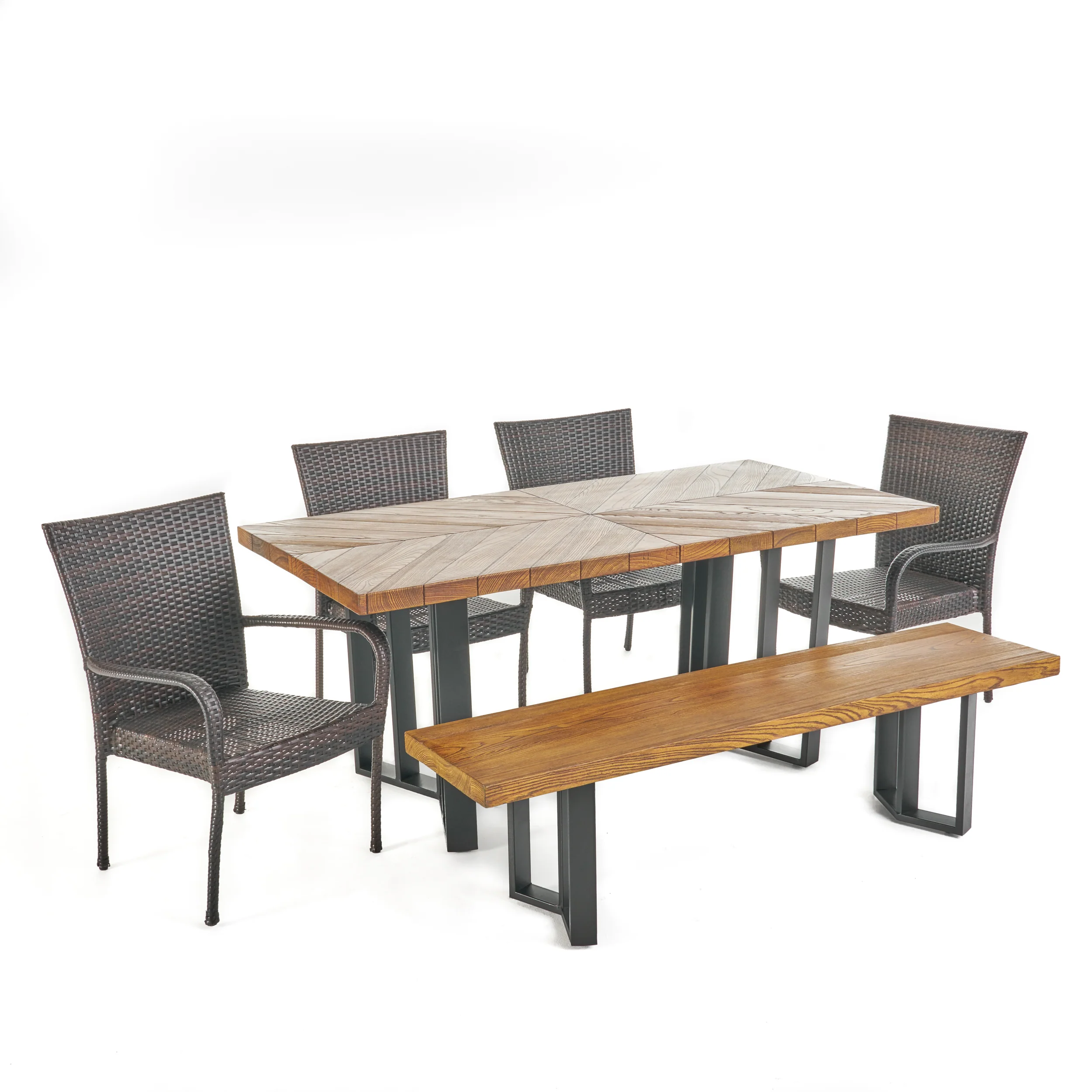 Fiona Outdoor 6 Piece Wicker Dining Set with Concrete Dining Table and Bench - furnishings