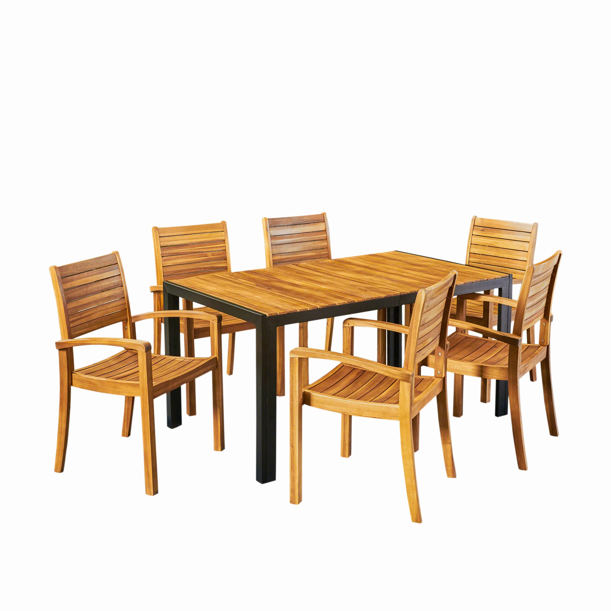 Monica Outdoor 6-Seater Rectangular Acacia Wood Dining Set, Teak and Black - furnishings