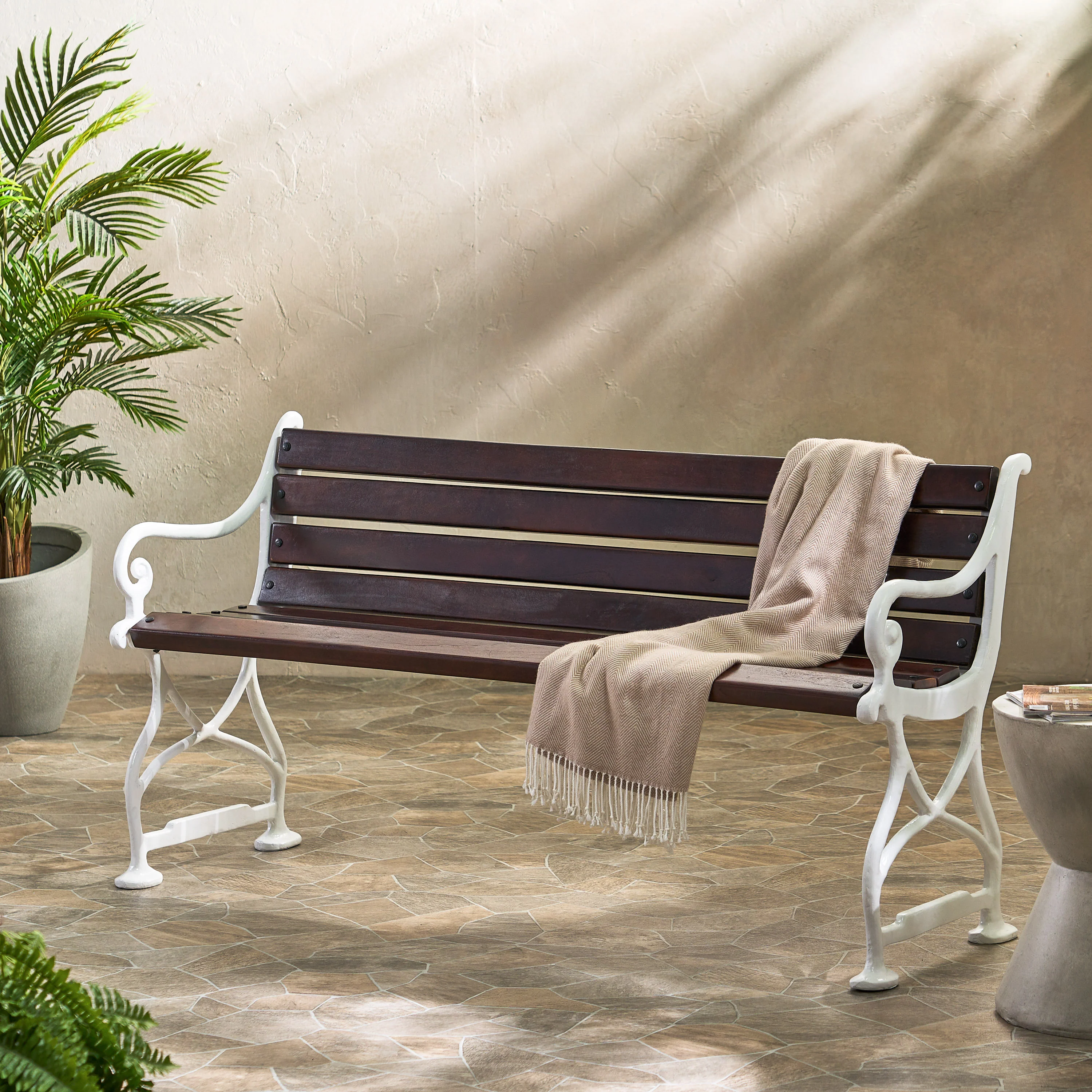 Taber Outdoor Handmade Acacia Wood Bench, Rustic Brown and White - furnishings