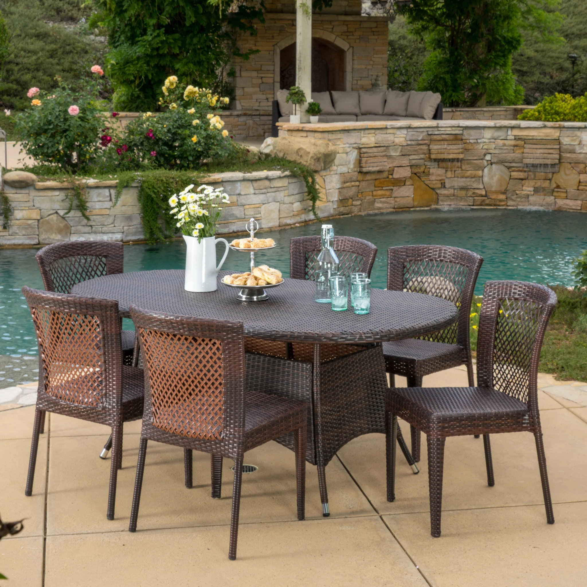 Perry Outdoor 7pc Multibrown Wicker Round Dining Set - furnishings
