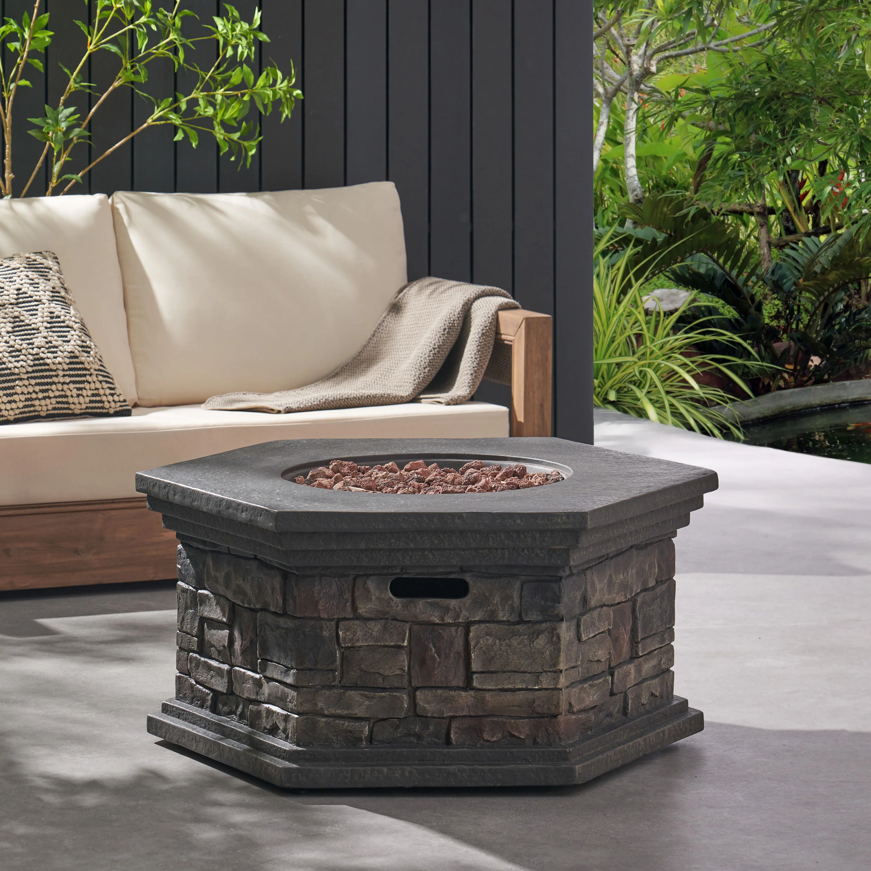 Troy Outdoor 40,000 BTU Lightweight Concrete Octagonal Fire Pit (No Tank Holder), Stone Finish - furnishings