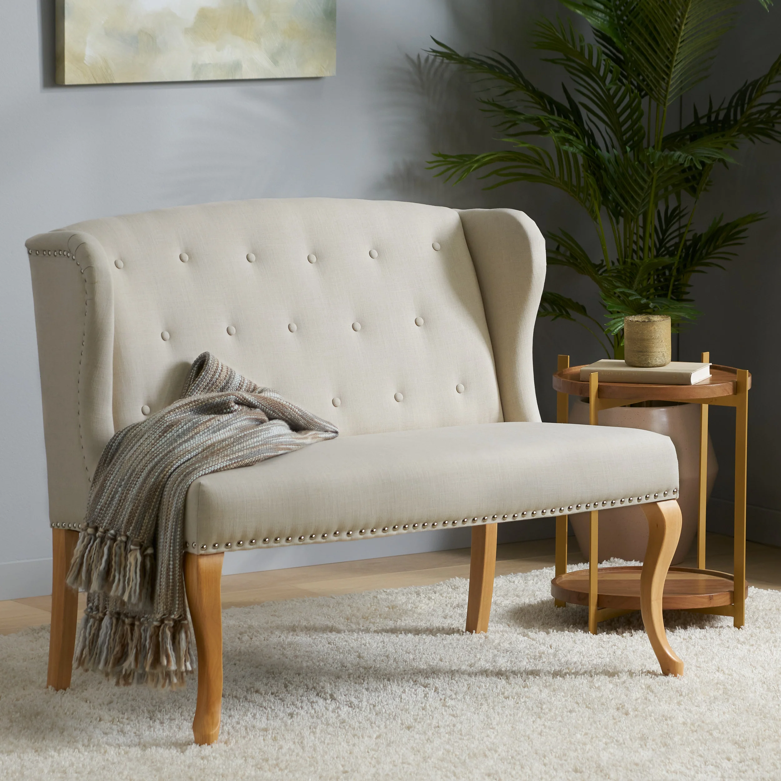 Eva French Country Style Tufted Beige Fabric Wingback Bench - furnishings