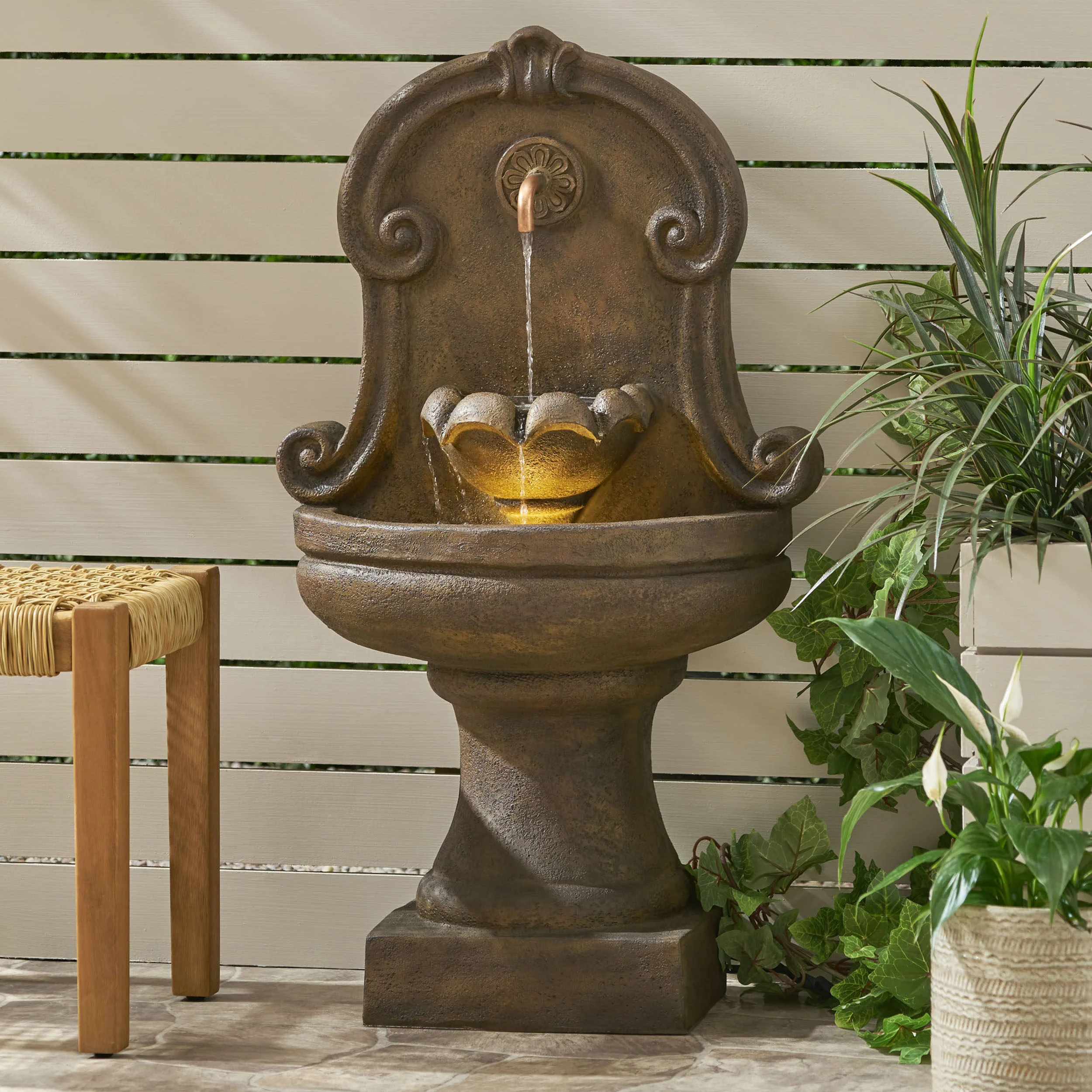 Devore Outdoor 2-Tier Single Spout Fountain, Light Brown - furnishings