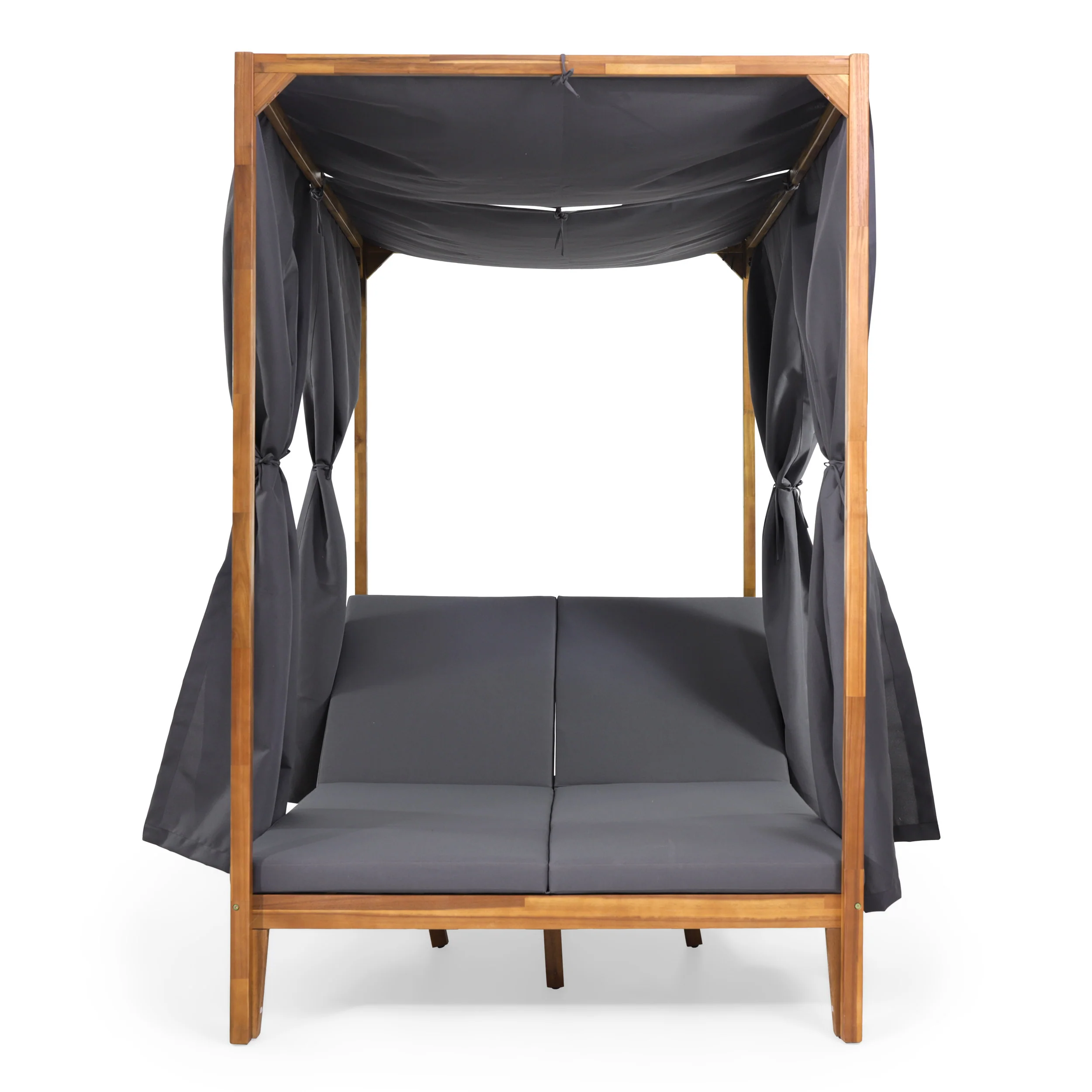 Leaverton Outdoor 2 Seater Adjustable Acacia Wood Daybed with Curtains - furnishings