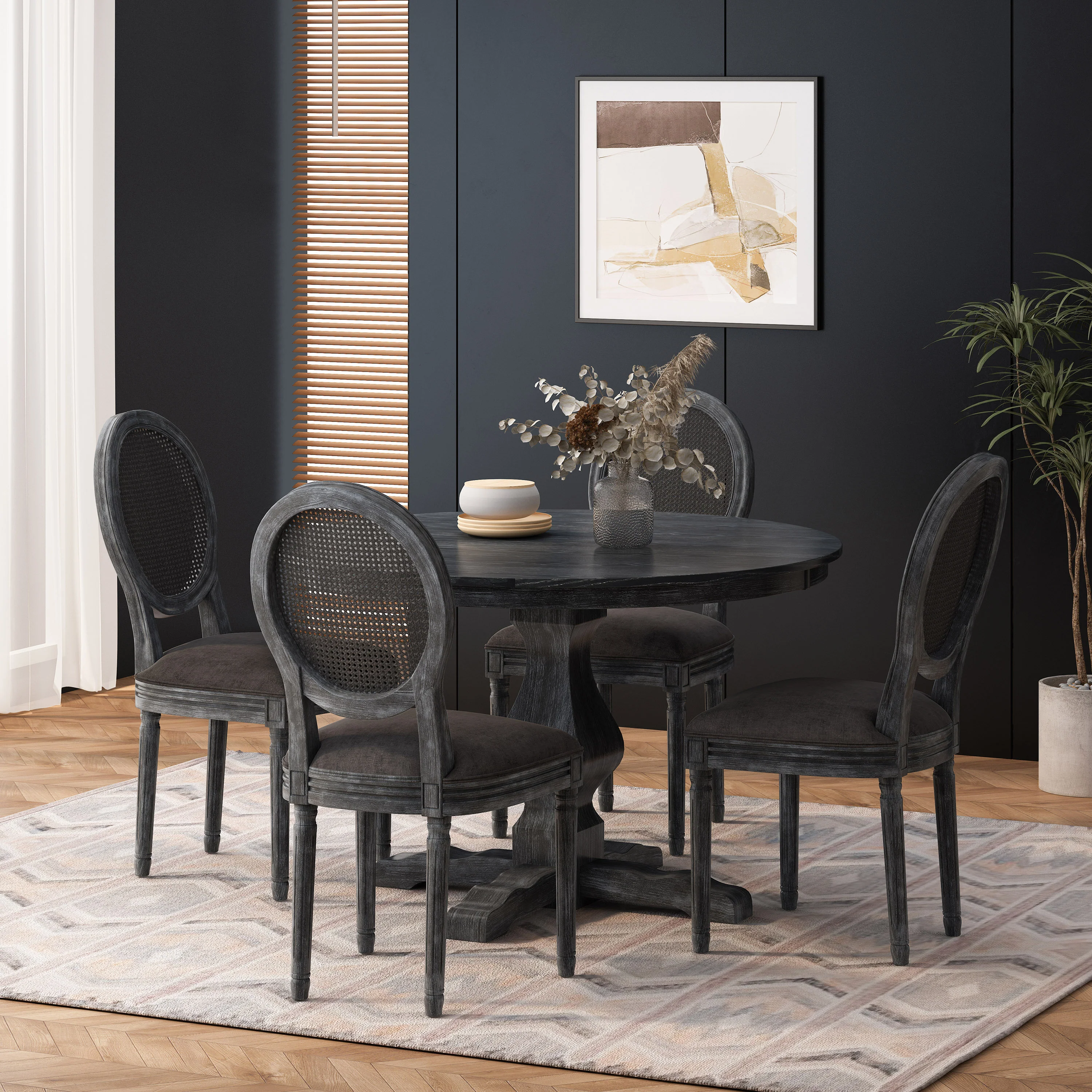 Mores French Country Upholstered Wood and Rattan 5 Piece Circular Dining Set - furnishings