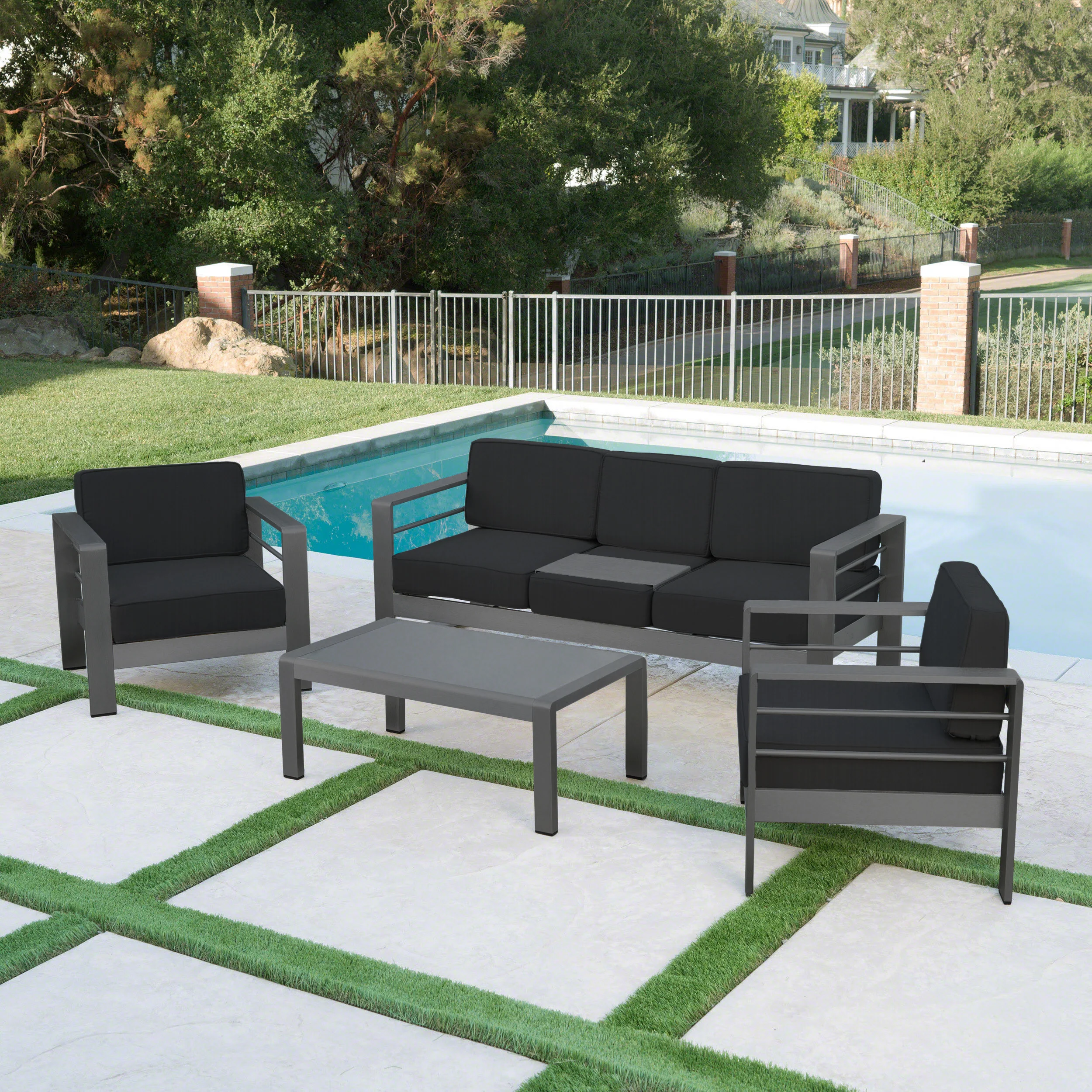 Crested Bay Outdoor Gray Aluminum 4 Piece Sofa Chat Set with Cushions - furnishings