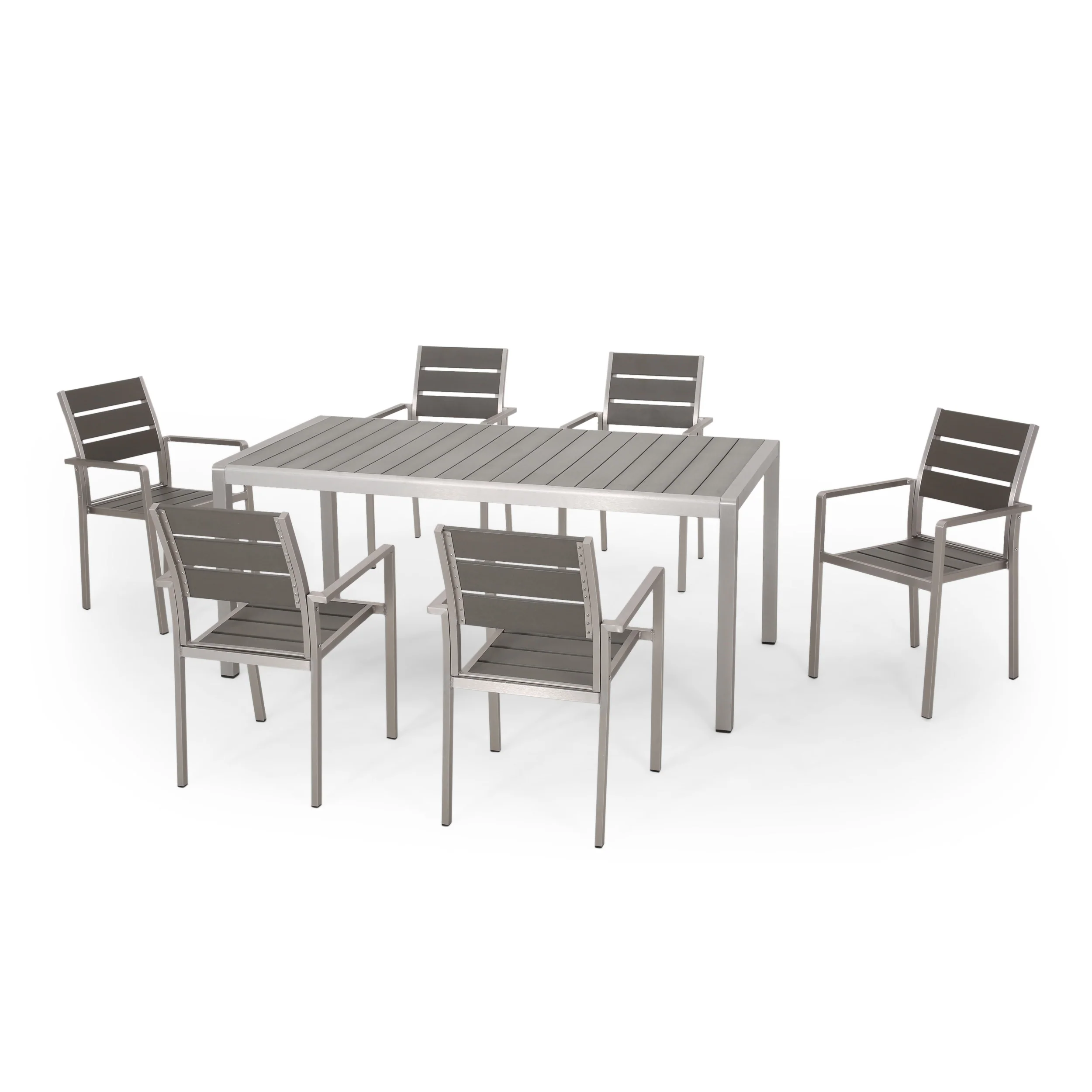 Cherie Outdoor Modern Aluminum and Faux Wood 6 Seater Dining Set - furnishings