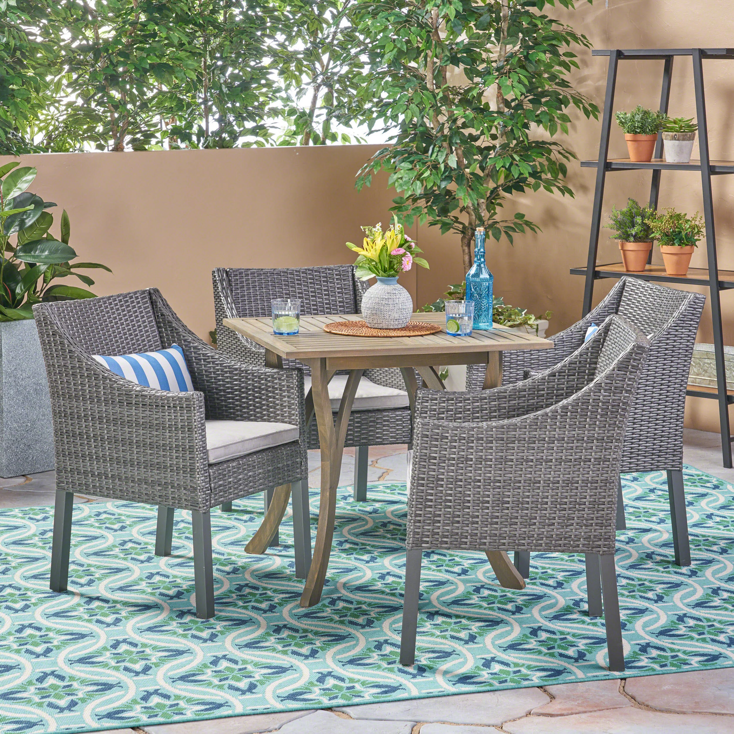 Marcy Outdoor 5 Piece Wood and Wicker Square Dining Set, Gray and Gray - furnishings