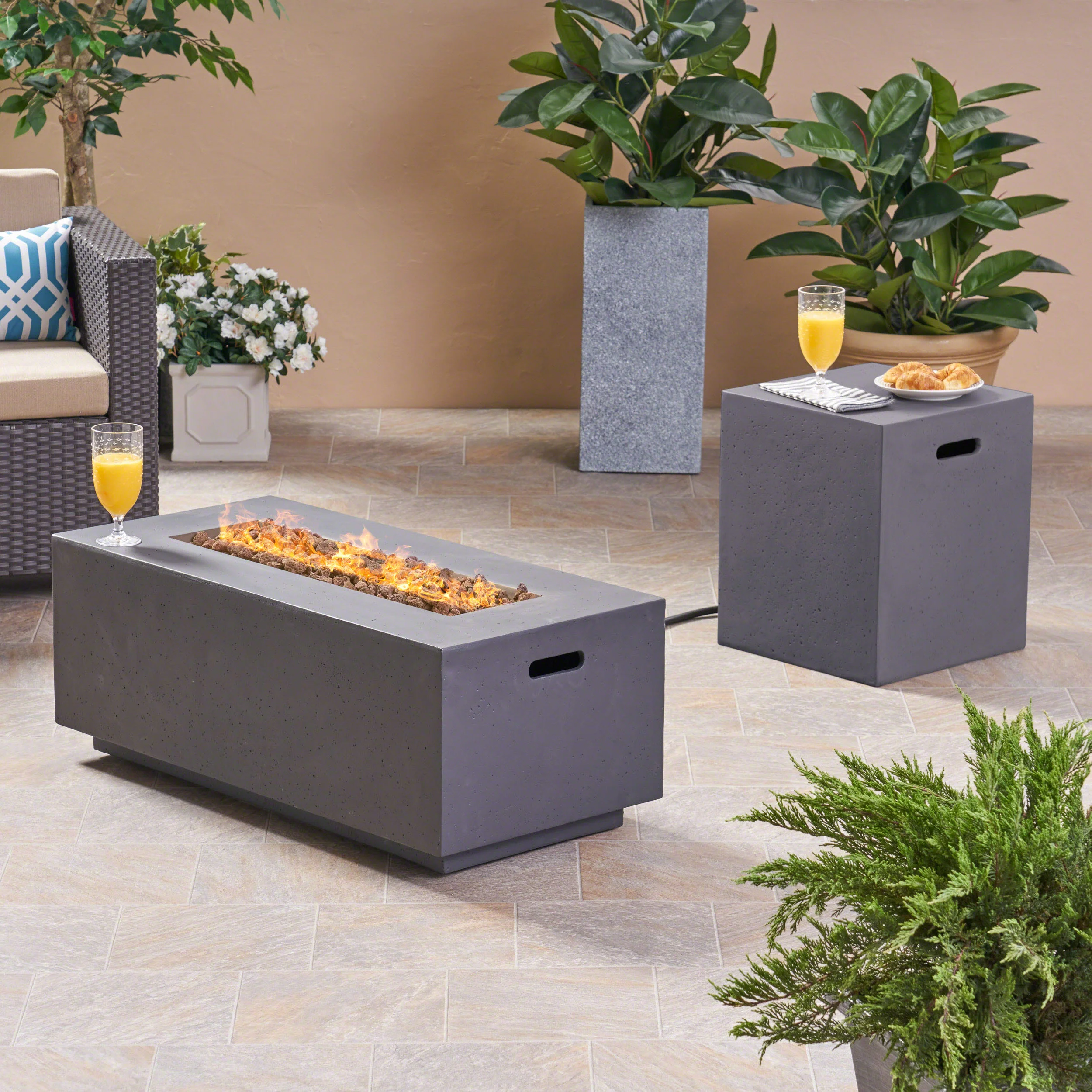 Leo Outdoor 40-inch Rectangular Light Weight Concrete Gas Burning Fire Pit - furnishings