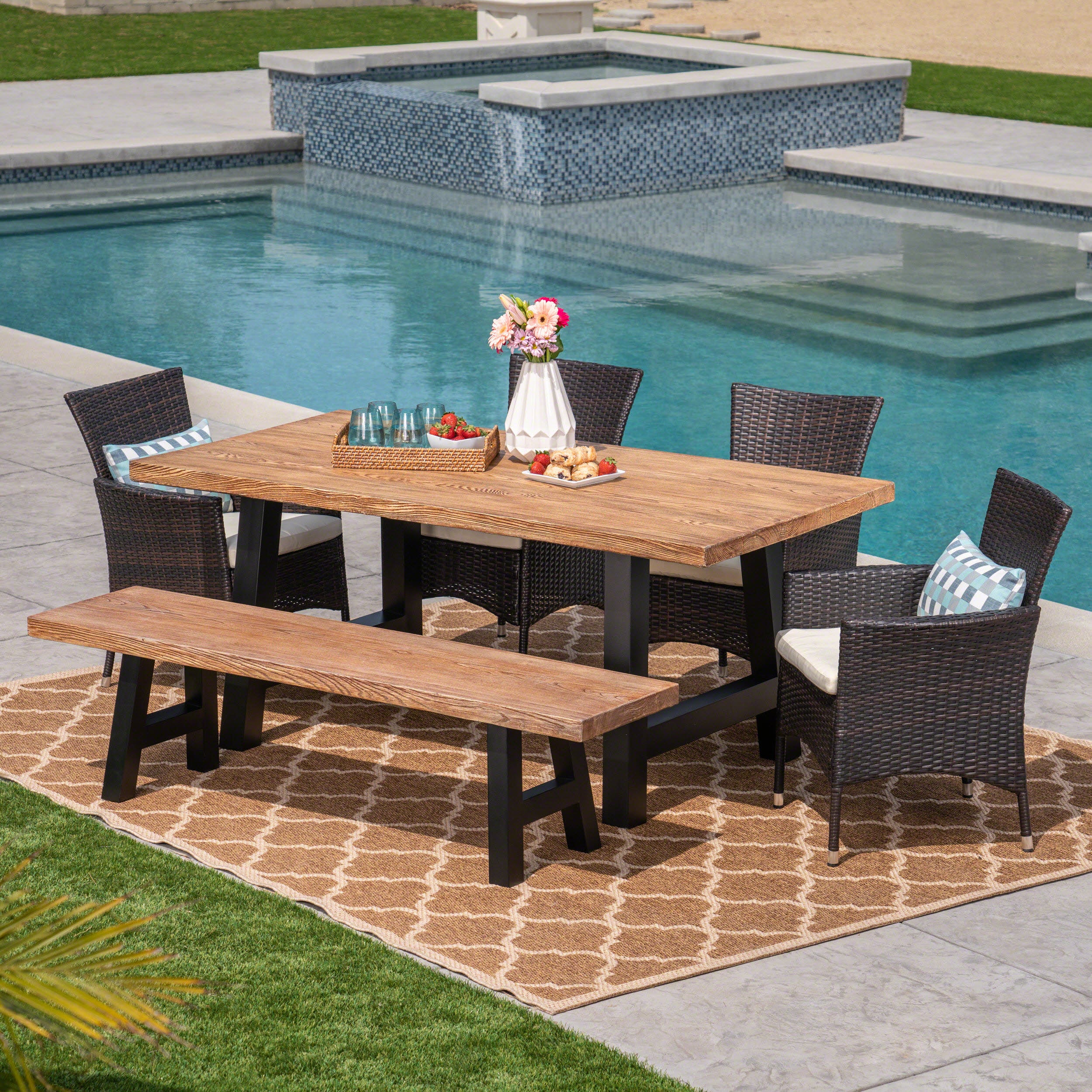Lisa Outdoor 6 Seater Wicker & Concrete Dining Set With Bench - furnishings