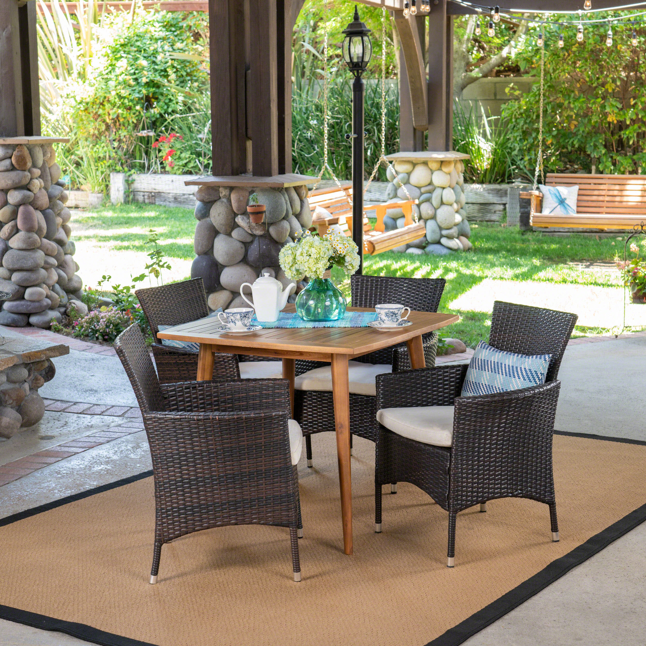 Knox Outdoor 5 Piece Wood and Wicker Dining Set, Teak and Multi Brown - furnishings