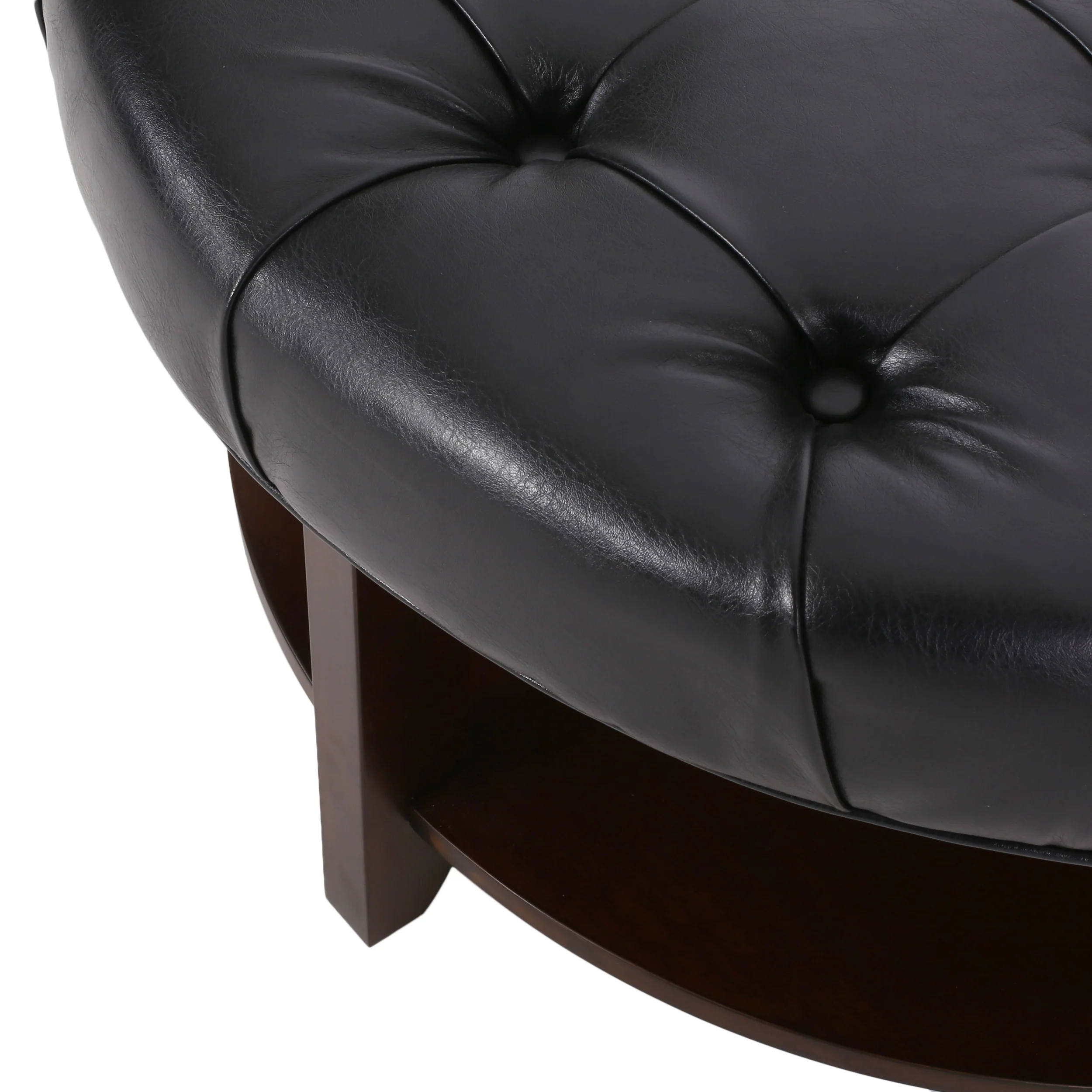 Baynes Contemporary Faux Leather Tufted Wood Round Ottoman with Open Shelf - furnishings