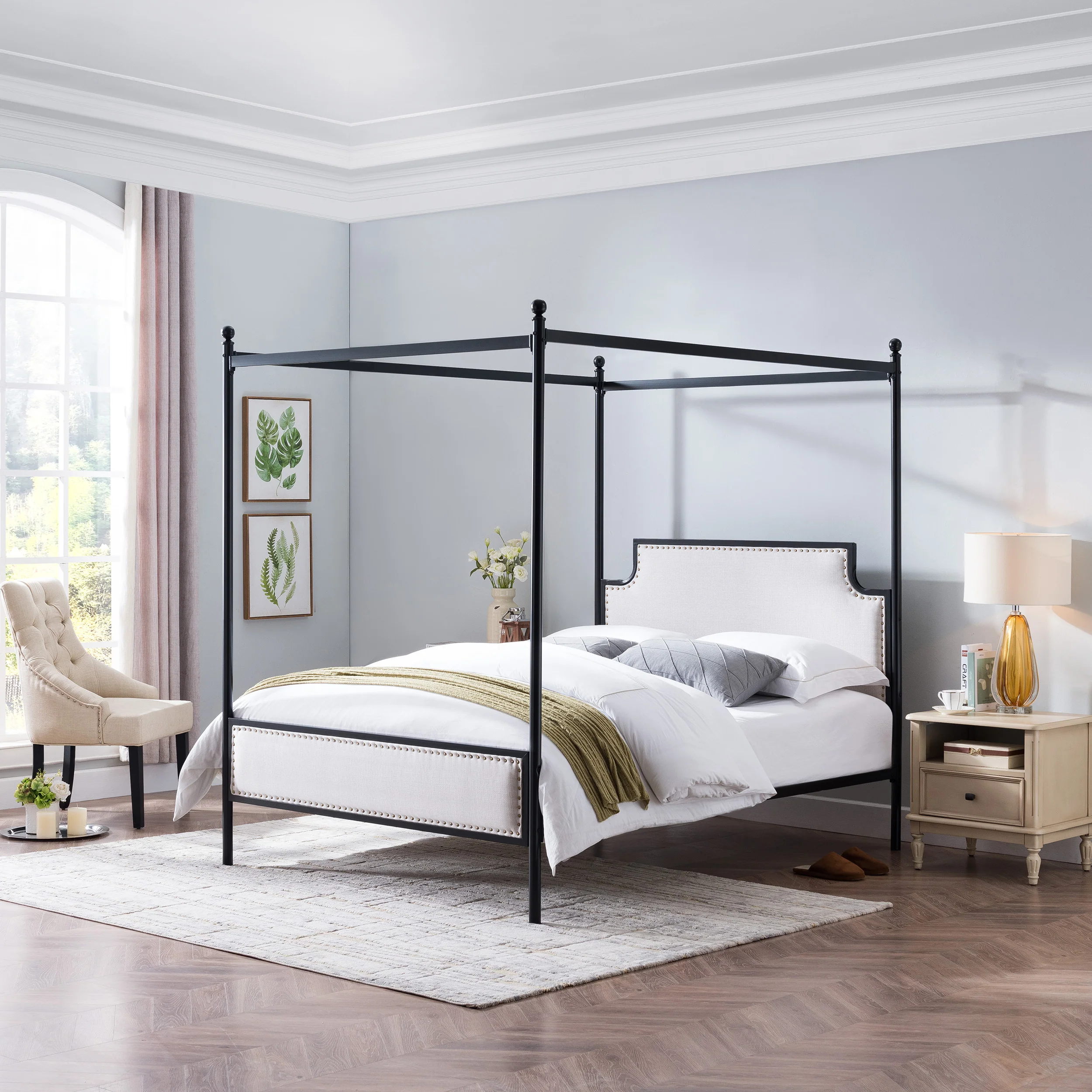 Asa Queen Size Iron Canopy Bed Frame with Upholstered Studded Headboard - furnishings