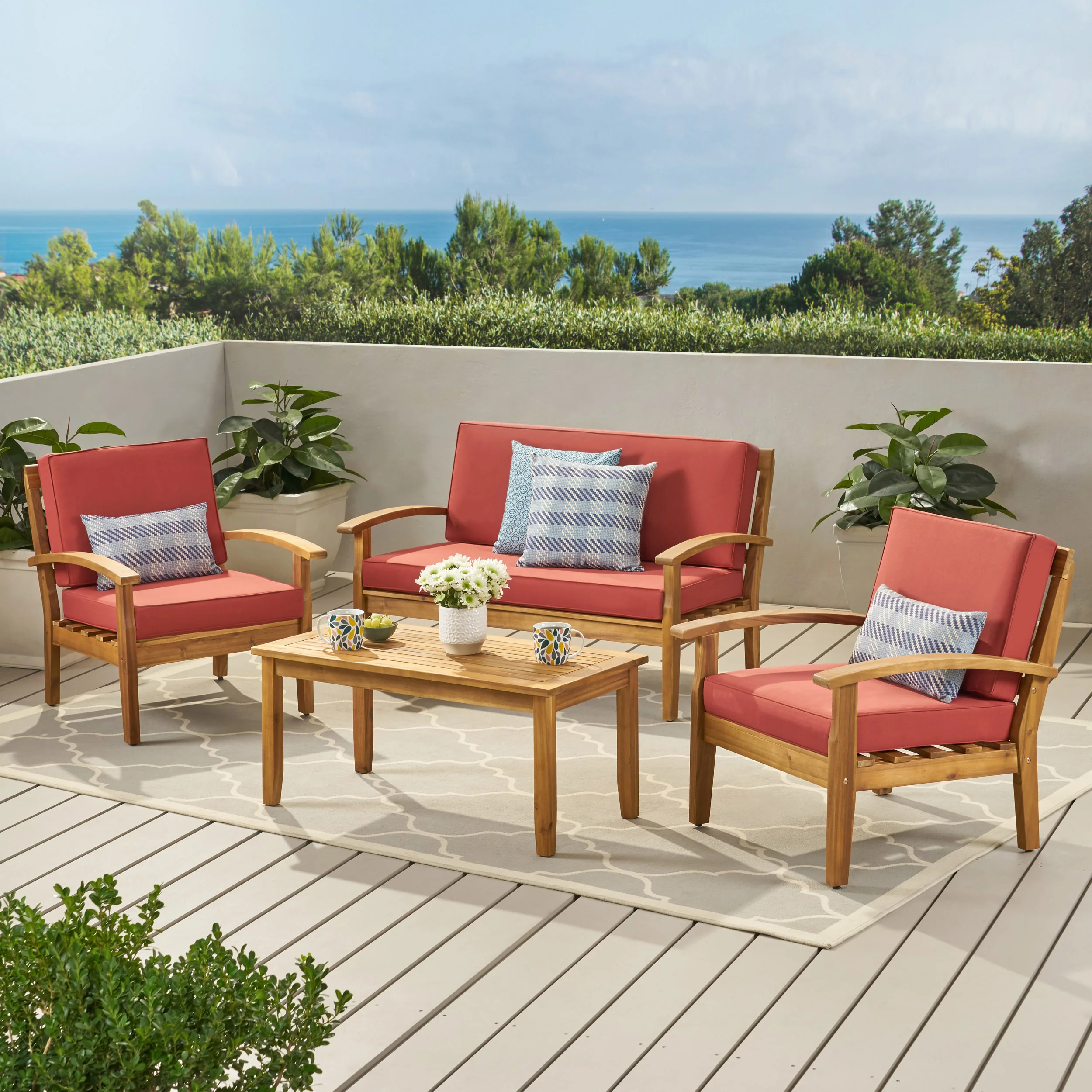 Peyton 4 Pc Acacia Wood Chat Set w/ Water Resistant Cushions - furnishings
