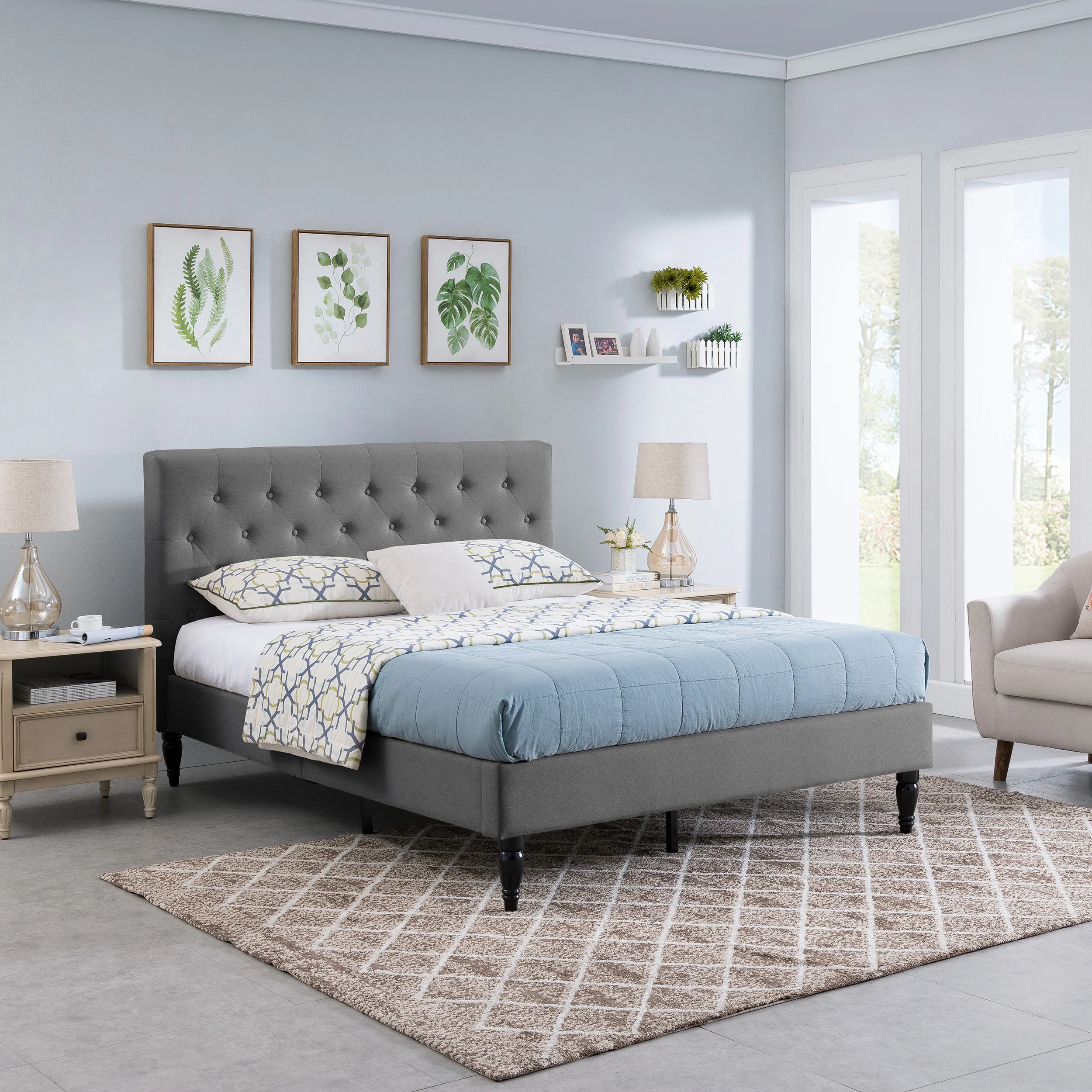Lera Fully-Upholstered Queen-Size Platform Bed Frame, Low-Profile, Contemporary - furnishings