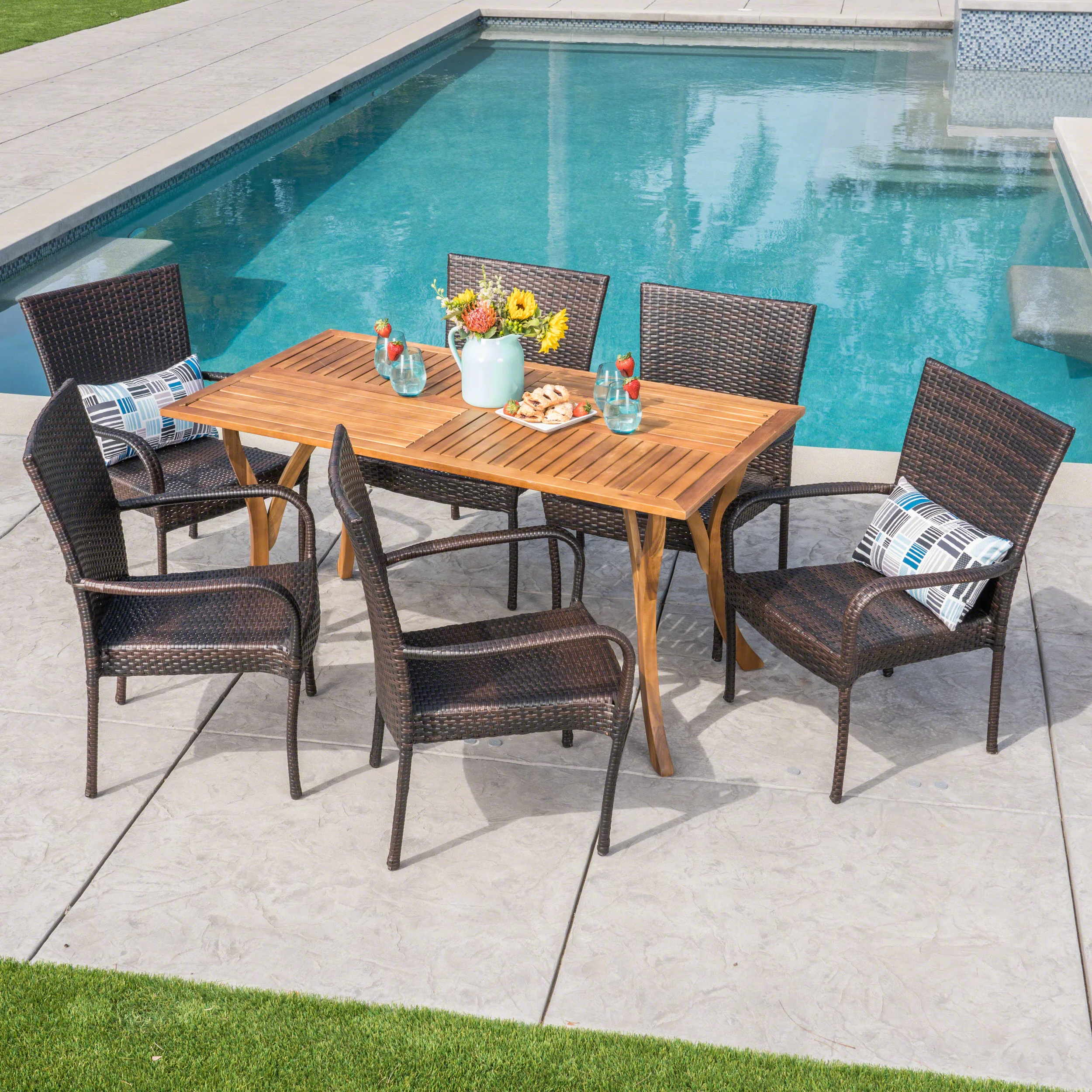 Yolanda Outdoor 7 Piece  Acacia Wood/ Wicker Dining Set, Teak Finish and Multibrown - furnishings