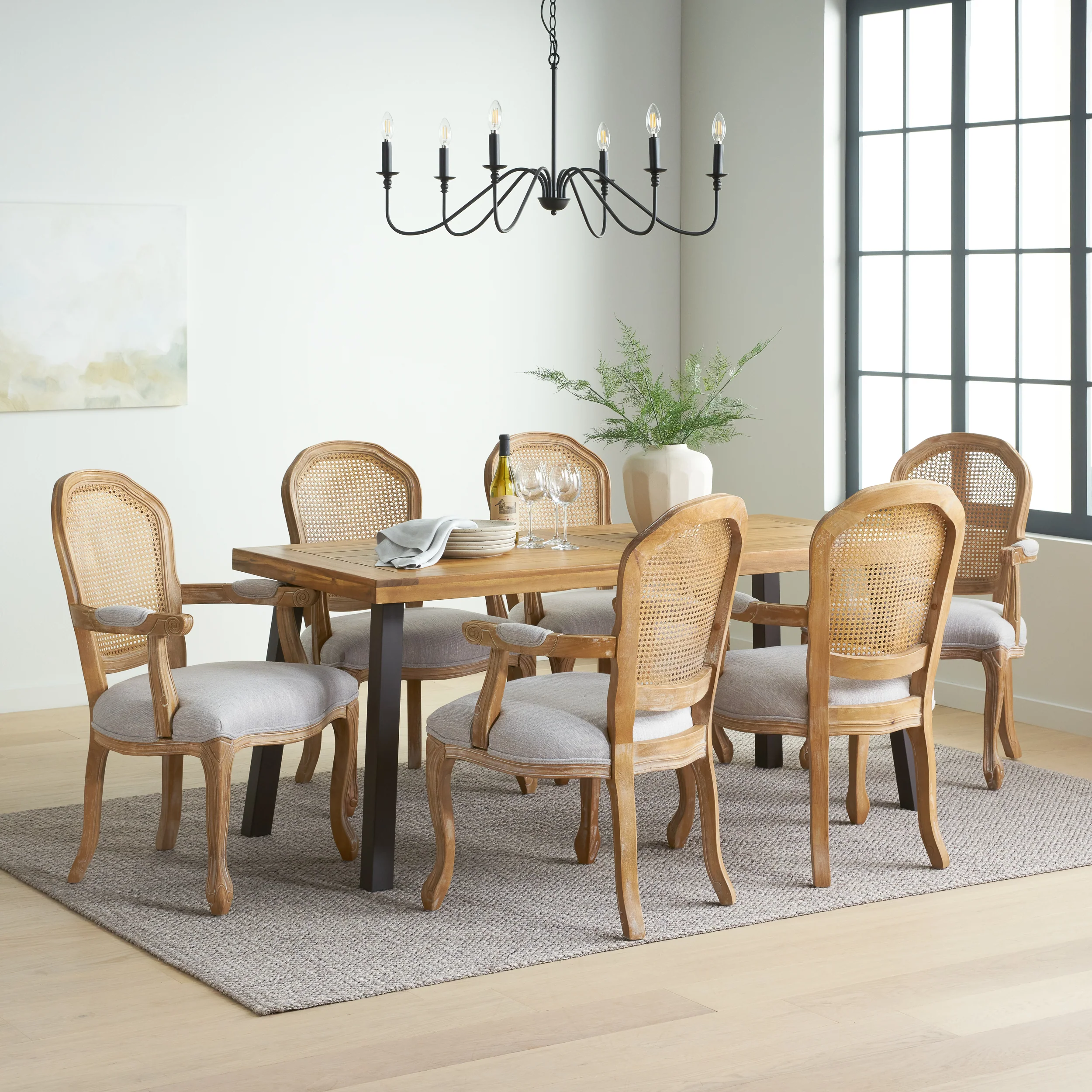 Aldrich Farmhouse Fabric Upholstered Wood and Cane 7 Piece Dining Set - furnishings