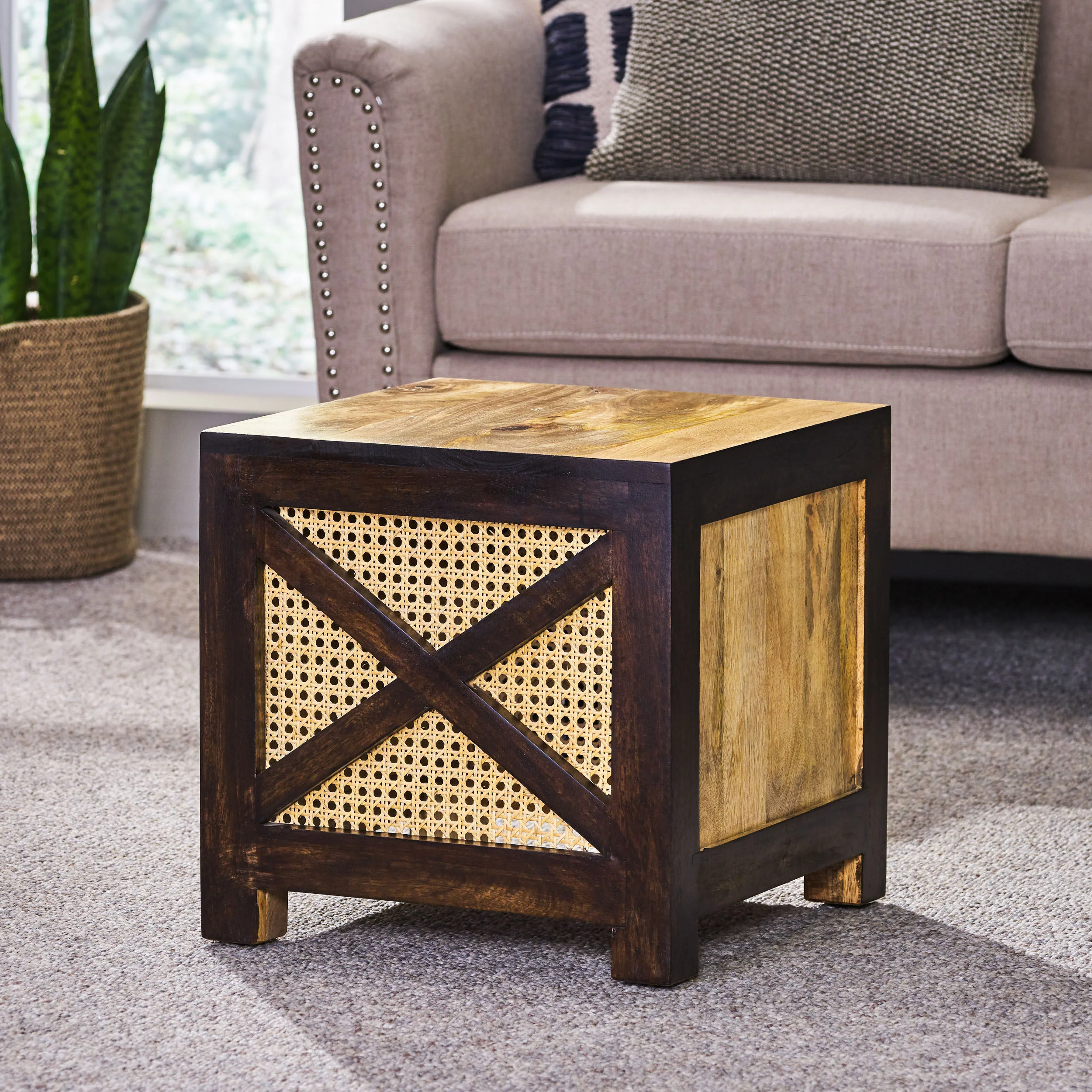 Pendroy Boho Handcrafted Mango Wood Ottoman Stool, Natural and Walnut - furnishings