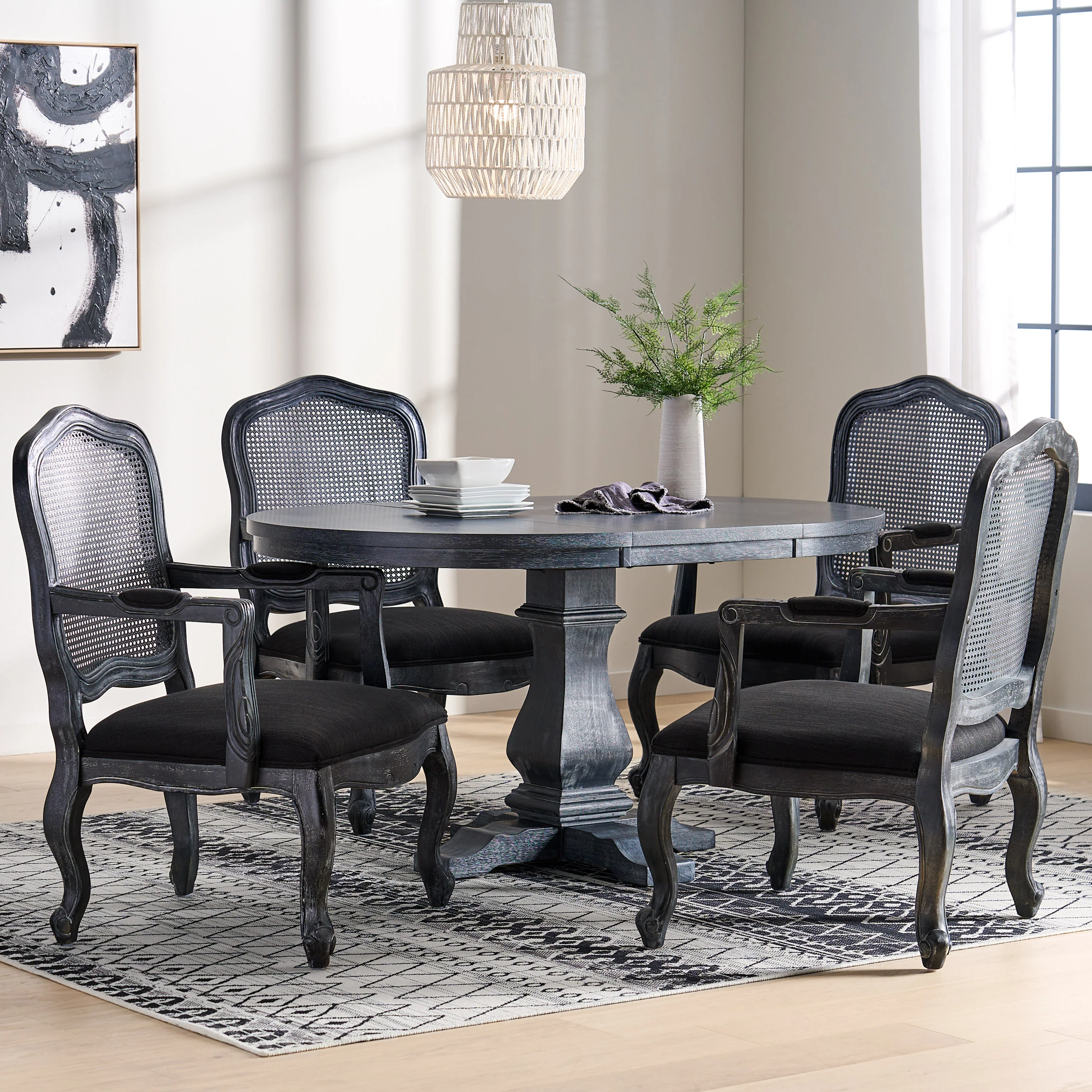 Biorn French Country Wood and Cane 5-Piece Expandable Oval Dining Set - furnishings