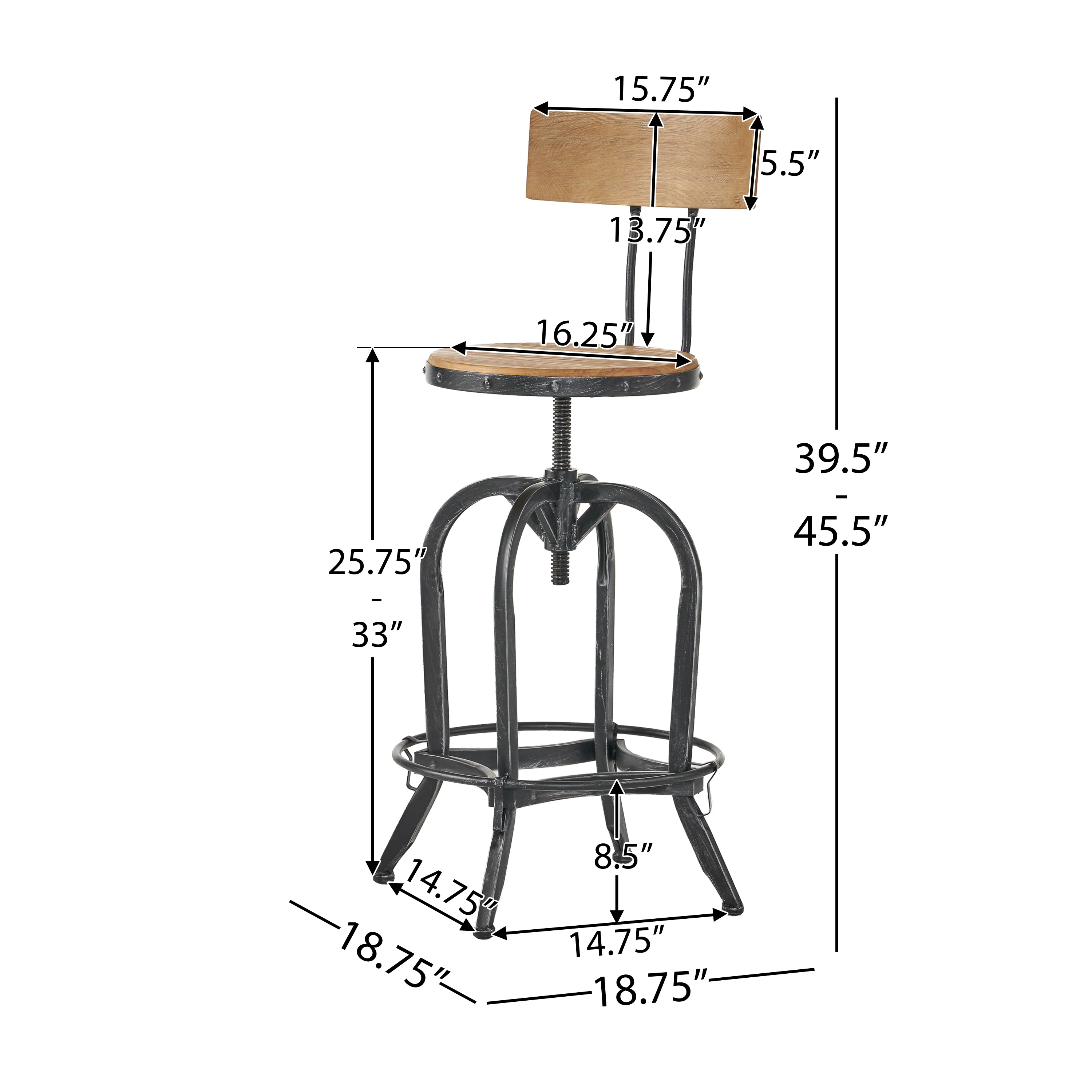 Hartley Naturally Antique Fir Wood Adjustable Barstool With Backrest - furnishings