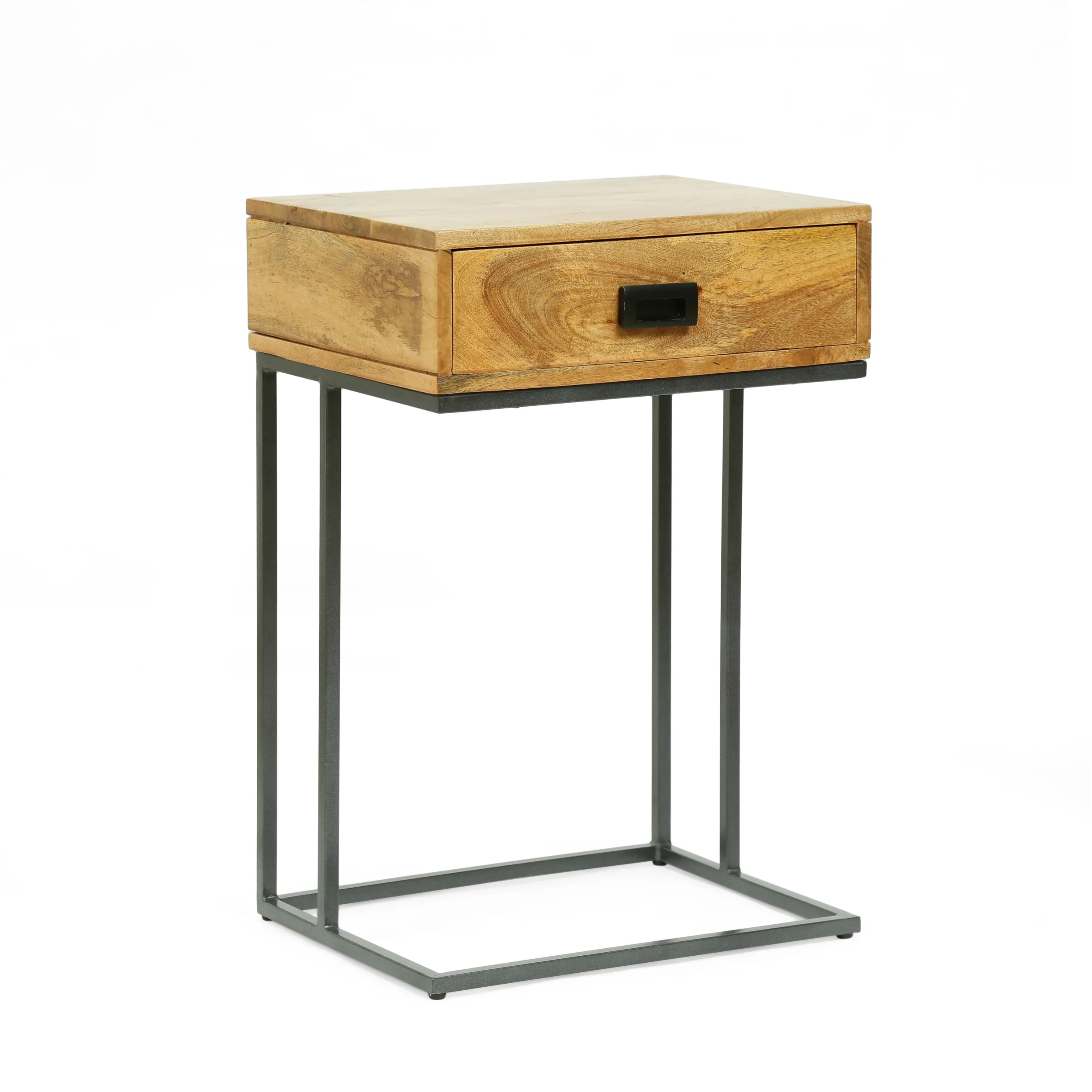 Aranda Modern Industrial Handmade Mango Wood C-Shaped Side Table with Drawer, Natural and Gray - furnishings