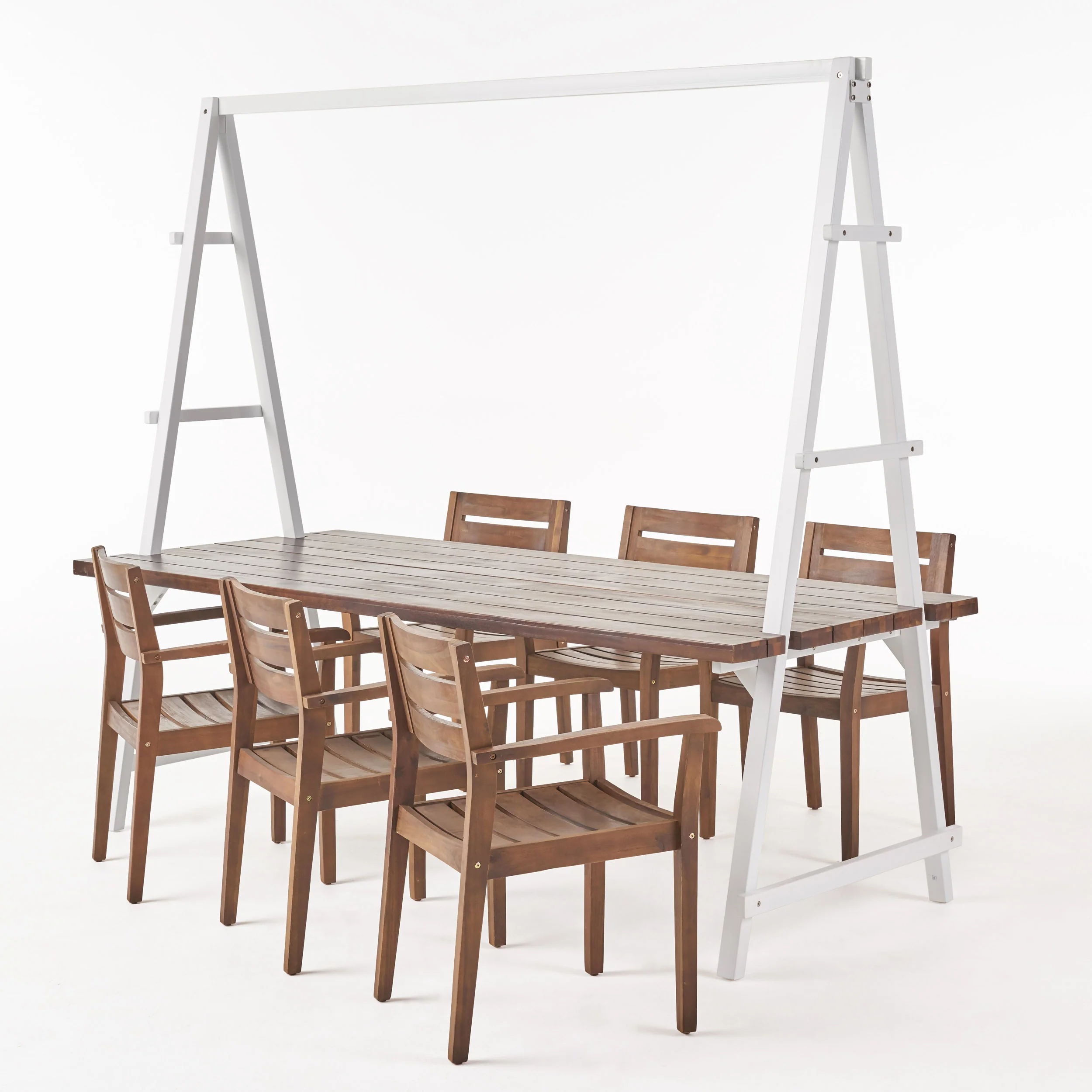 Kinley Outdoor Modern 6 Seater Acacia Wood and Iron Planter Dining Set - furnishings